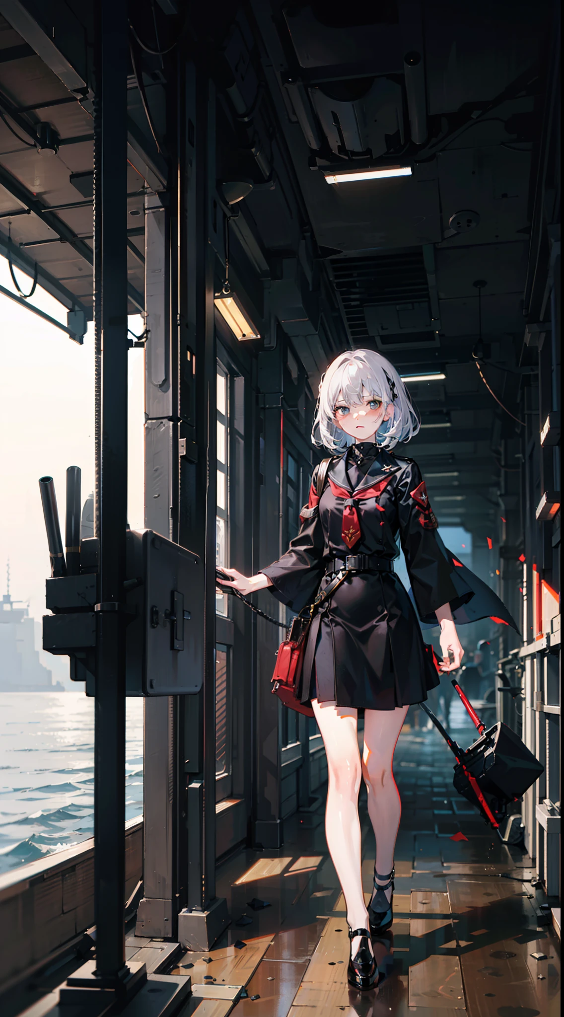 (War zone),Beautiful wallpapers,On the deck of the battleship,Sea battle,(Mechanical girl),assault rifle,a black cloak,Handsome,modern warfare