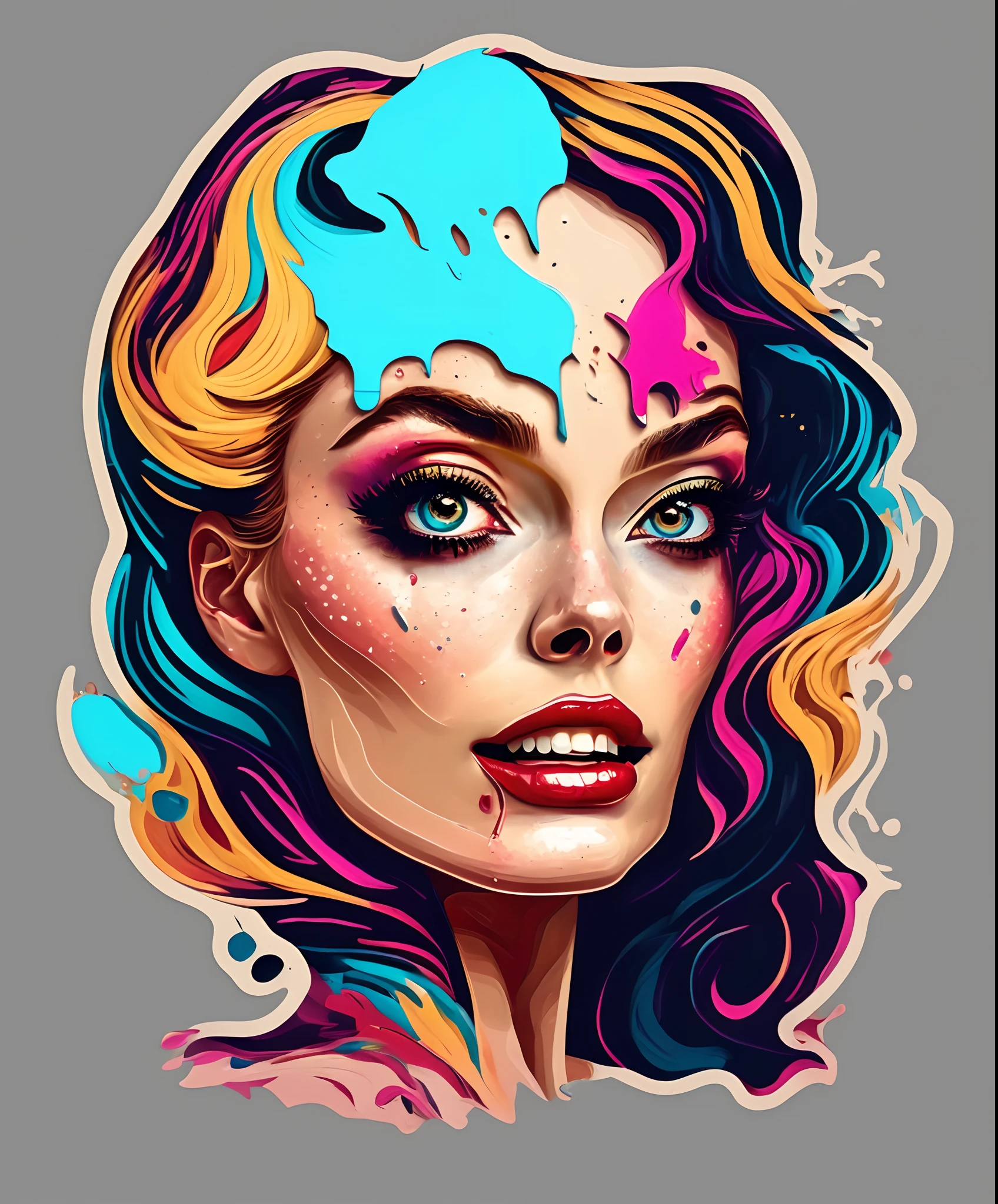 (fotografia em close-up de uma linda mulher, inspirada em Margot Robbie, T-shirt logo in conical fine contour style, spelling view, arte em (fundo vazio:1.4)Hands,