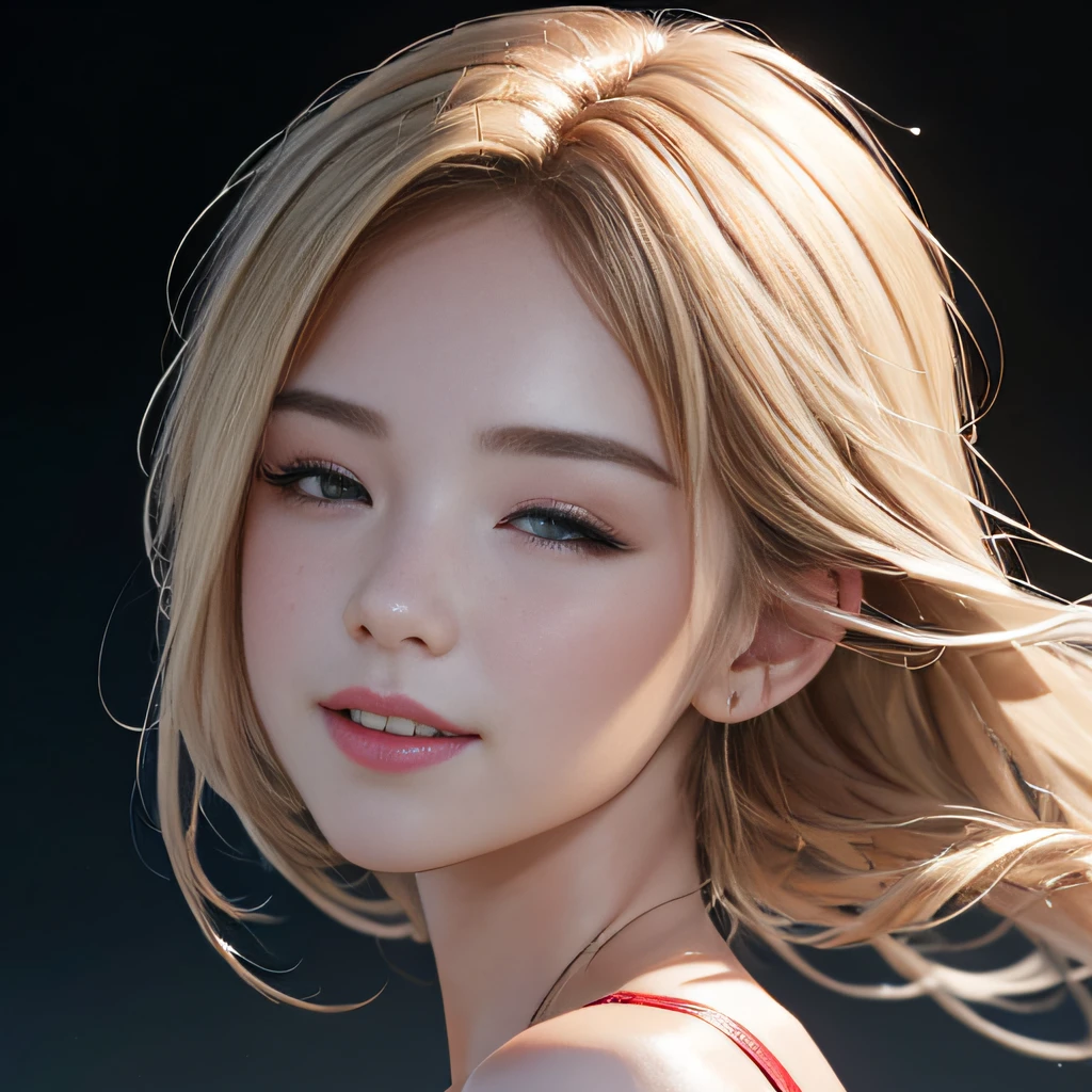 (8K, RAW Photos, of the highest quality, Masterpieces: 1.2), (Realistic, Photorealistic: 1.37), Highest Quality, Ultra High Resolution, light  leaks, Dynamic lighting, Slim and smooth skin, (Full body:1.3), (Soft Saturation: 1.6), (Fair skin: 1.2), (Glossy skin: 1.1), Oiled skin, 22 years old, Night, shiny white blonde, Well-formed, Hair fluttering in the wind, Close-up shot of face only, Physically Based Rendering, From multiple angles, A big smile, super girl、miniture, Red Eye Mask, (Open your eyes:1.8)