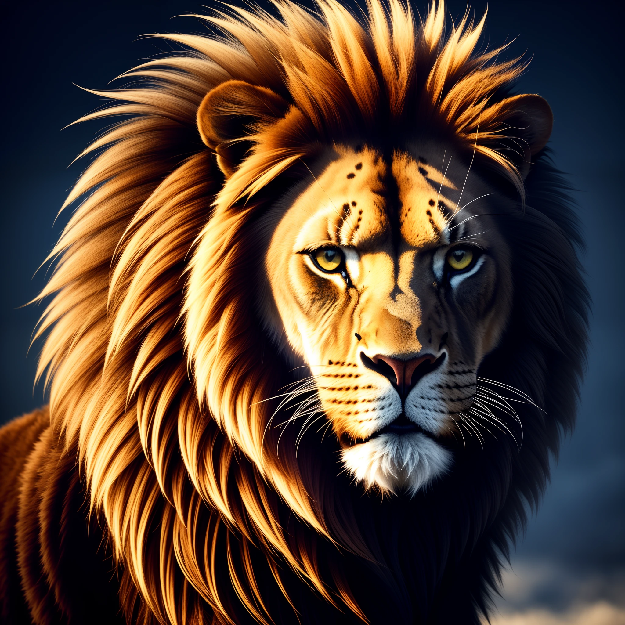 ultra grande angular, em foco, dark epic background, lindo realista, design de pele dourada mal-humorado, Dynamic pose of a lion, somente o rosto, tiro de rosto, detalhes hiper, lighting art, cinemactic, detalhes insanos, detalhes intrincados, hiperdetalhado , gotic, fractal, tiro escuro