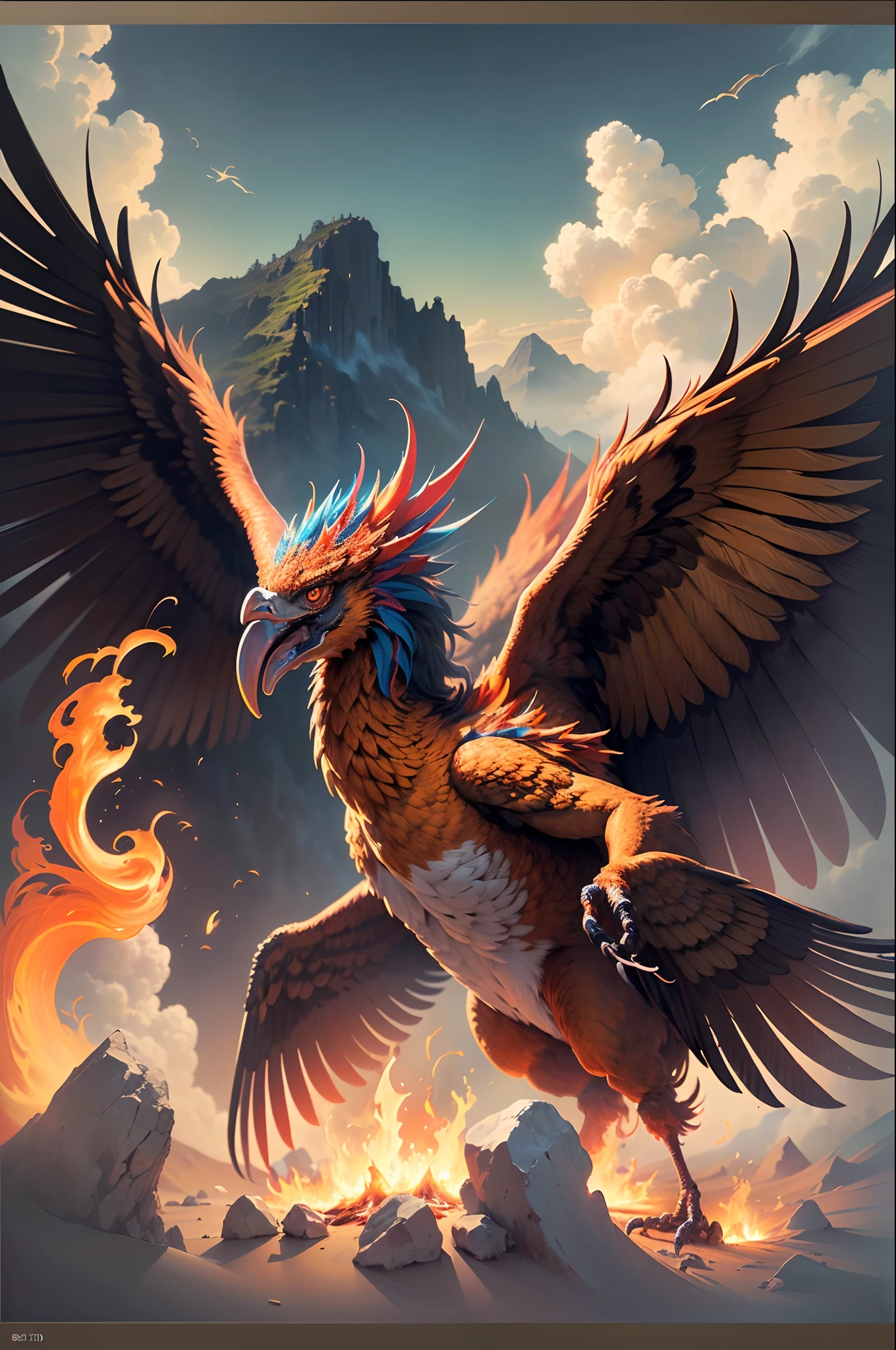 "Photographic masterpiece in high quality, detalhes impressionantes, 8K color analog photo, vivid photorealism, filme com cores vibrantes, master technique, heavy film grain, efeito Fujicolor 400, depicting the majestic burning Phoenix bird."
