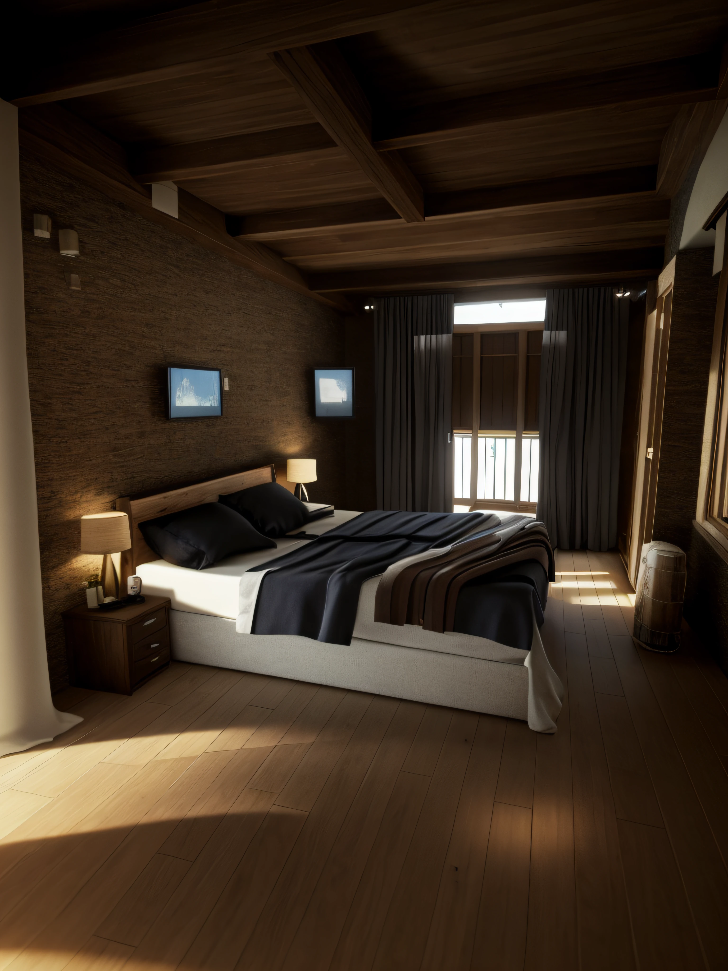 There is a bed in a room with wooden floors, realistic afternoon lighting, volumetric natural light, realistic soft lighting, renderizado em unreal engine 3d, luz natural no quarto, vray renderizado, renderizado em corona, renderizado em vray, renderizado em v-ray, renderizado em irreal, unreal engine realistic render, renderizado no Unreal Engine 3