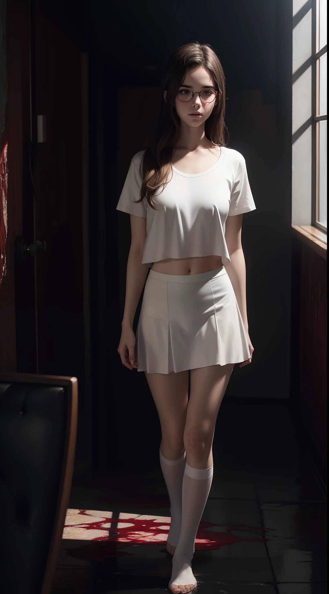 Beautiful young Margaret Qualley, The Last of Us, game, glasses, white shirt, tight shirt, wearing pretty top, large neckline, wearing simple tight clothes, mini skirt, white tights, hyperrealistic, , body model, small breasts, beautiful breasts, long hair, layered hairstyle, blonde hair, long legs, 8k, in front of the lake, cherry blossom, sunlight, led lighting, blood on the wall, pool of blood, full of human remains, detailed reflection, anime style