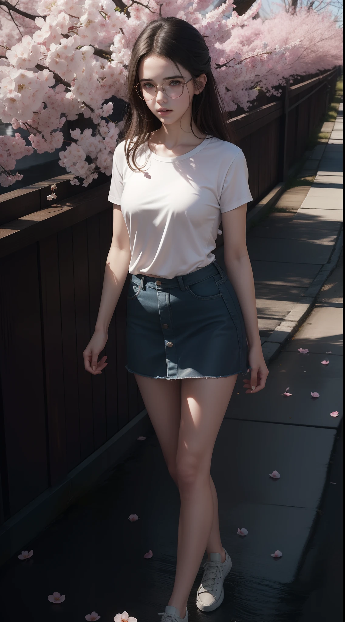 Beautiful young Margaret Qualley, The Last of Us, game, glasses, white shirt, tight shirt, wearing pretty top, large neckline, wearing simple tight clothes, mini skirt, white tights, hyperrealistic, , body model, small breasts, beautiful breasts, long hair, layered hairstyle, blonde hair, long legs, 8k, in front of the lake, cherry blossom, sunlight, led lighting, blood on the wall, pool of blood, full of human remains, detailed reflection, anime style