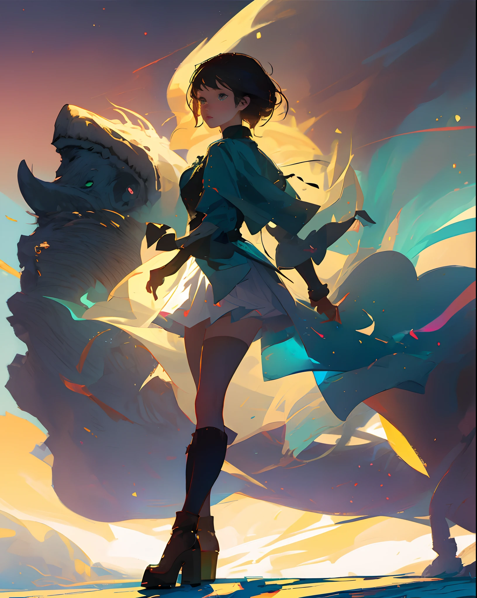 a cute loli, Young,a skirt, jpn, adolable,the complex background, the street, Doodle volume, dramatic lights, lens flare glow, cartoony, tmasterpiece, Best quality at best