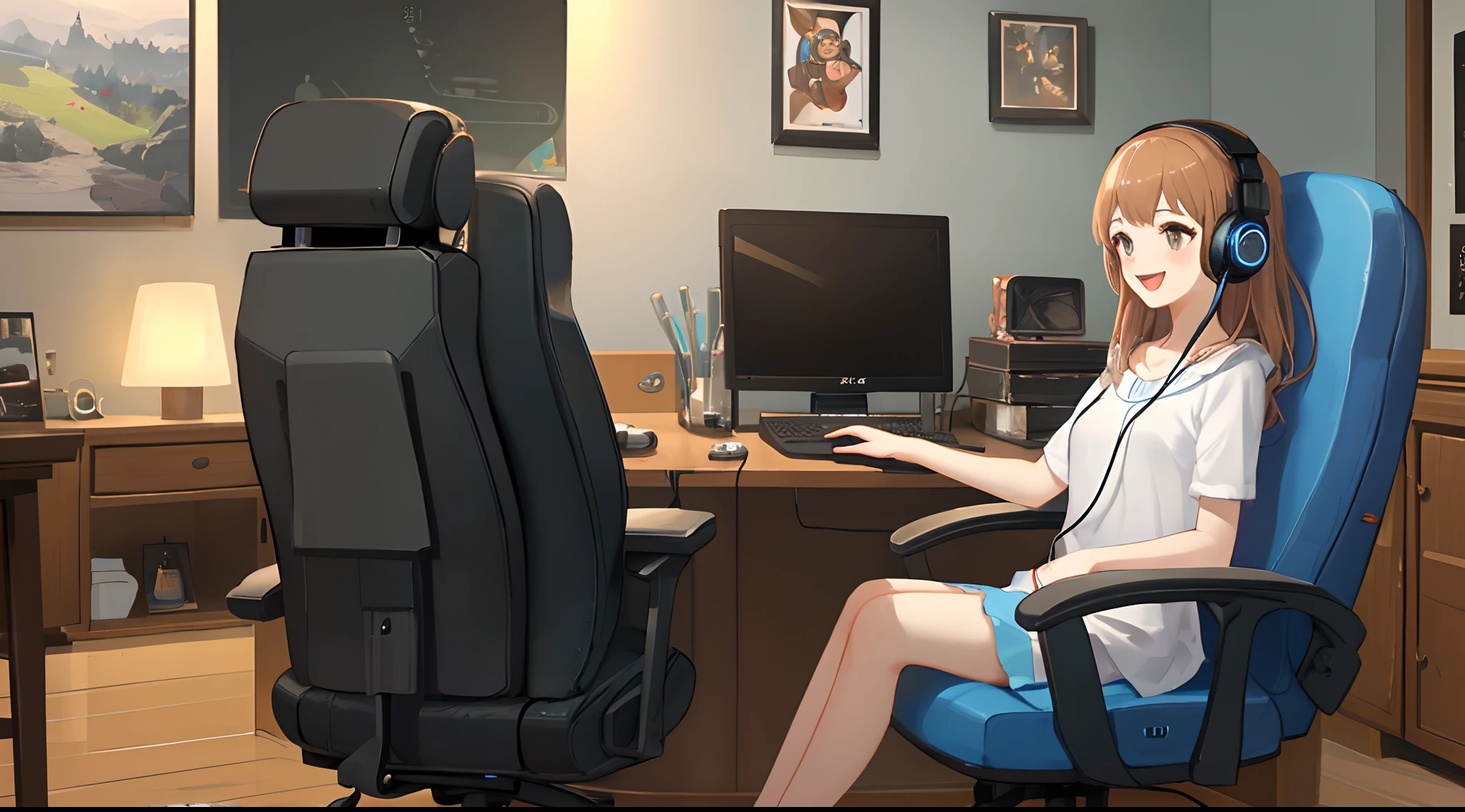 a beauty girl、(8k、SLR、realisitic)、Lovely room、Play games、Sitting in a game chair、Wearing headphones、Laughing