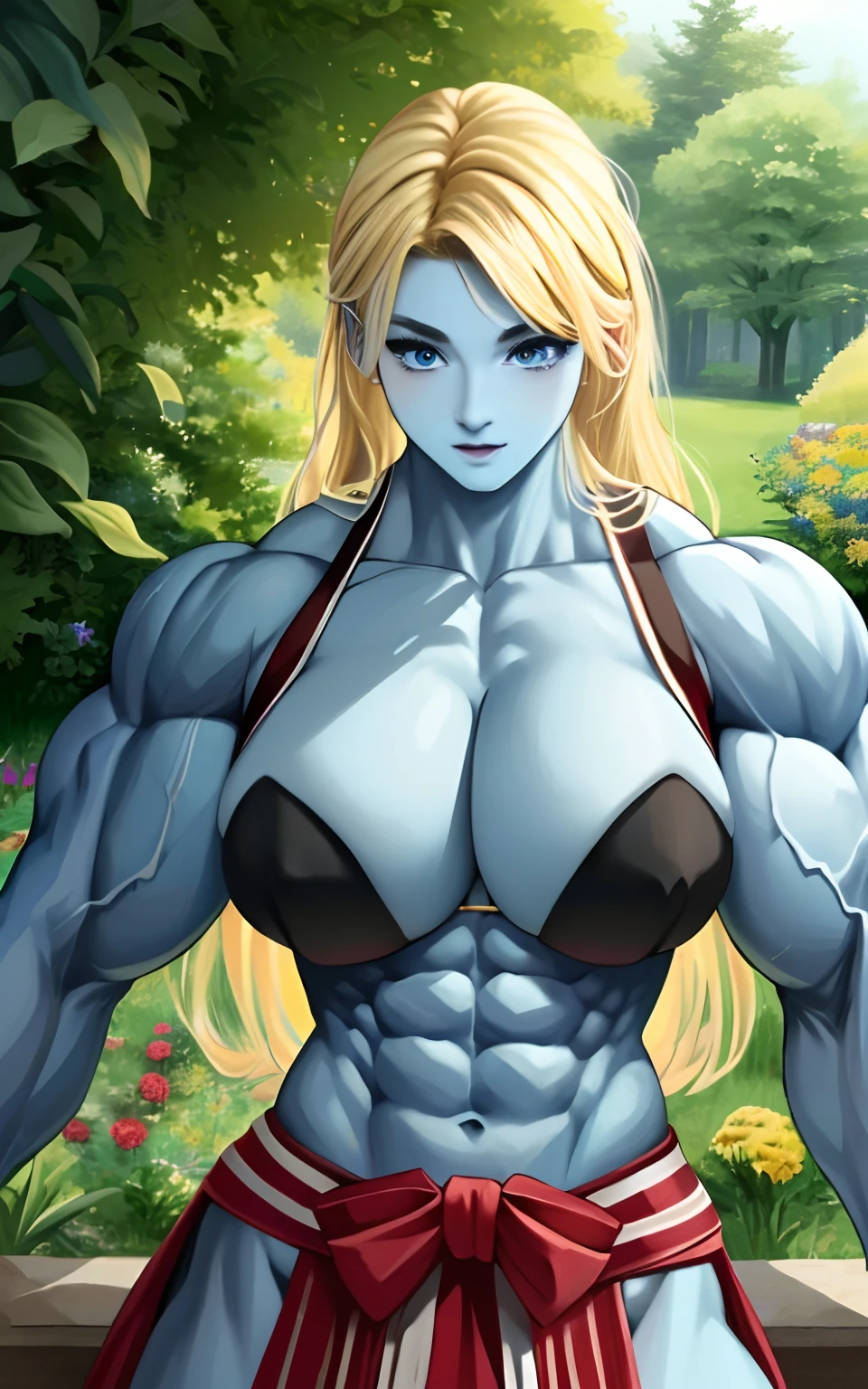 (1girll), huge tit, Breasts, Conque, Moisturizes skin, ,trpical garden , 校服, s girl,realistic illumination,top Quority,8K,tmasterpiece,Muscular female,Muscular,Abs,(Blonde hair), (Blue skin:1.4),stocklings