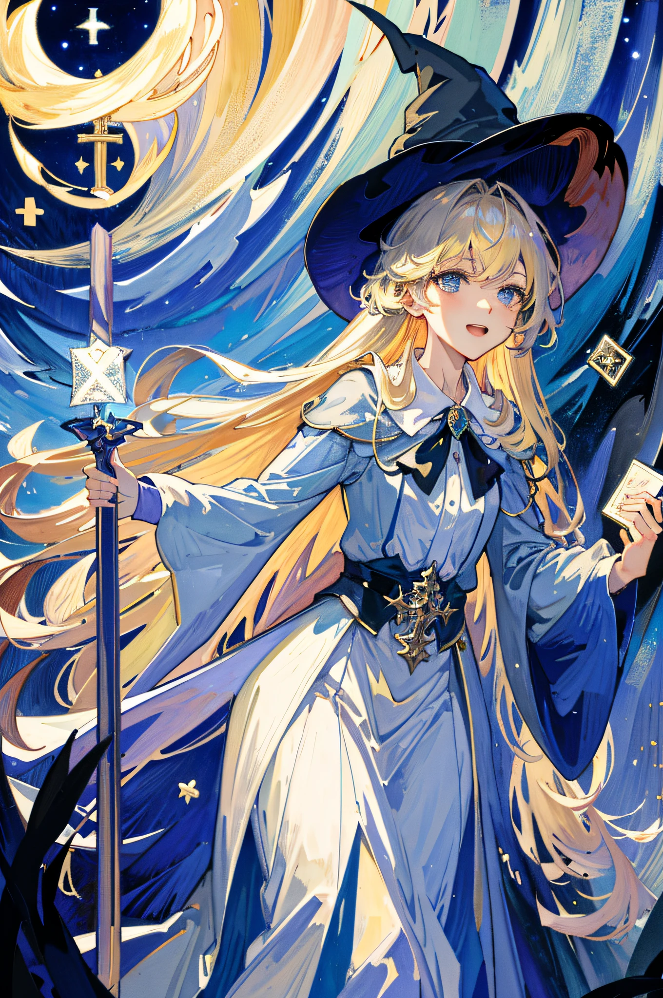 ((Masterpiece:1.2, Best quality)), 1girll, Solo, (Witch hat), Blonde hair, Long hair, dress, aurora, Night, Star (sky), mitts, sky, White dress, Night sky, Open mouth, Starry sky, Blue eyes, ribbon, Very long hair, Red dress, Smile, Hair ribbon, Cape, Blue hair, (Bird), magic, casting spell, Dark clouds, Night, (Impressionism:1.4), (tarot:1.3), Alphonse Mucha,