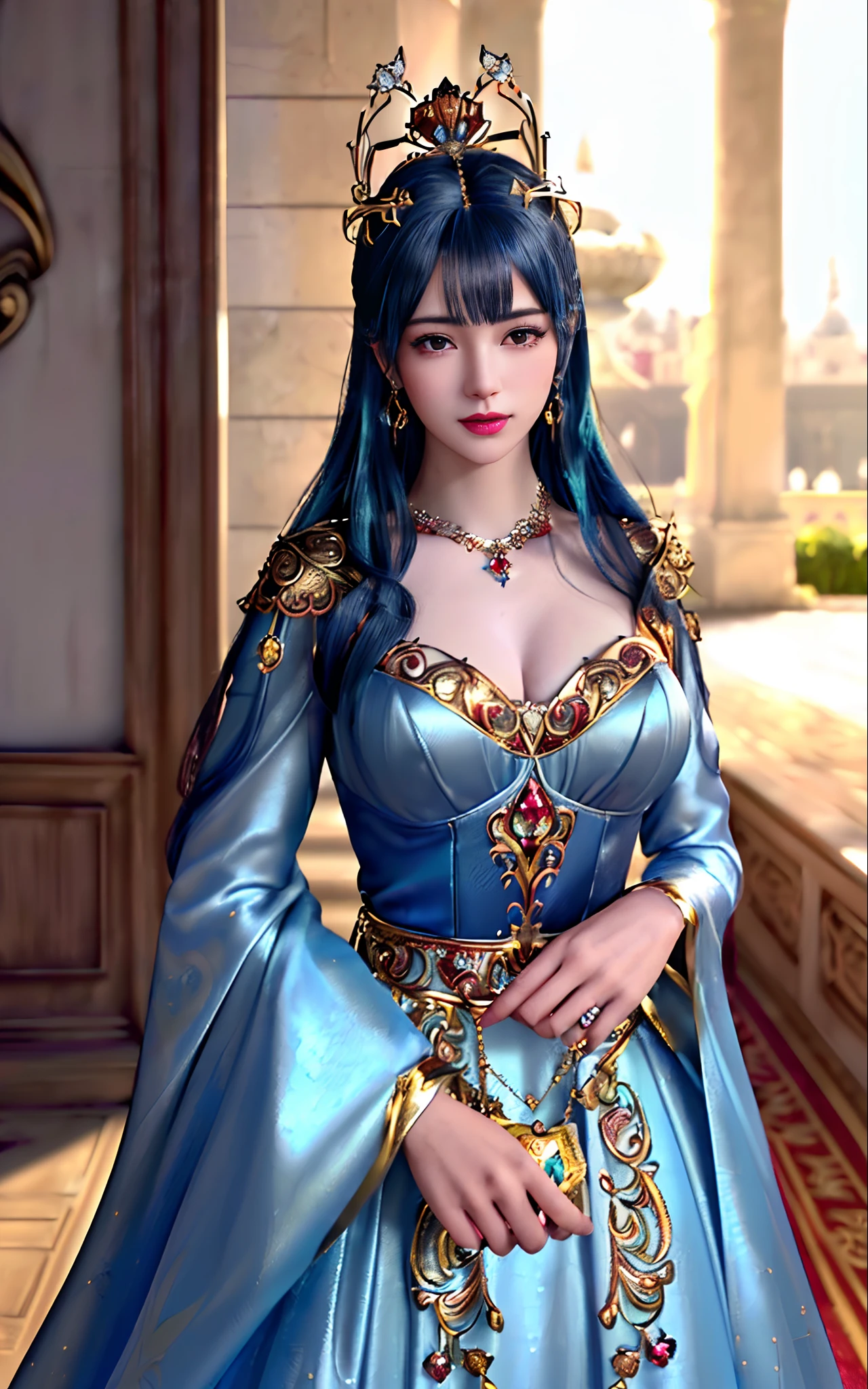 ((realisticity: 1.2)), ((best resolution: 8K UHD)), best quality,masterpiece,highres,cg,
((1 super detailed and super realistic girl)), ((very beautiful queen dazzling, super realistic, and super detailed)),((white skin, beautiful, smooth, youthful, super realistic and super detailed
)), long hair, ((super realistic and super detailed dress)), solo, ((super realistic, super beautiful, gorgeous and super detailed jewelry)), ((super beautiful, super realistic and super detailed dark red and golden yellow dress)),
((super beautiful, super realistic, super detailed diamond filled earrings)),
((super beautiful, super realistic and super detailed diamond filled hair ornament)), ((super beautiful upper body, super beautiful, super realistic and super detailed)), ((big breasts: 2.5)),
((super grand, super realistic and super detailed royal palace backgroun))
((super beautiful, super beautiful, super realistic and super detailed hair bun)), ((super beautiful, super realistic and super detailed blue hair)),
candid, Photograph, high resolution, 8k,Bokeh,