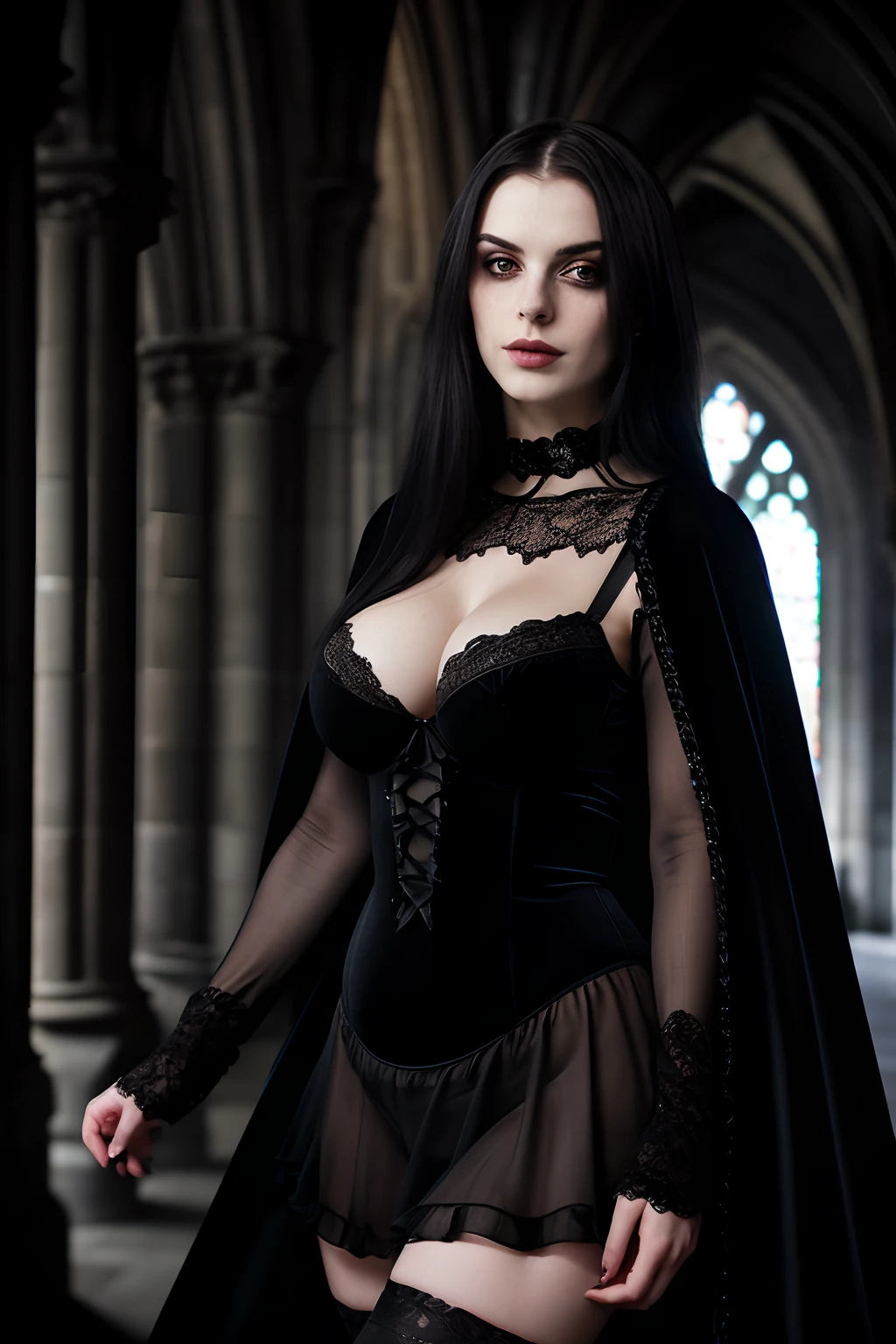 in frame, full body, a beautiful woman at Mont Saint-Michel cathedral at night, dark shadows, (incredibly sexy:1.3), pale skin, thin face, luscious long black hair, heavy makeup, dark eyes, dark eyeliner, dark makeup, skin blemishes, (large soft breasts:1.4), (thin tight body:1.4), thin hips, (tight defined butt:1.3), tight stomach, thick strong legs, wearing gothic lingerie and a long black velvet cape and knee high boots, black choker, sinister smile, seductive and deceiving, looking at camera, seductive, moonlight, masterpiece, photorealistic, detailed, 8k, HDR, shallow depth of field, midnight, dark shadows, creepy atmospheric, rain, high contrast, backlighting, bloom, light sparkles, chromatic aberration, sharp focus, RAW color photo