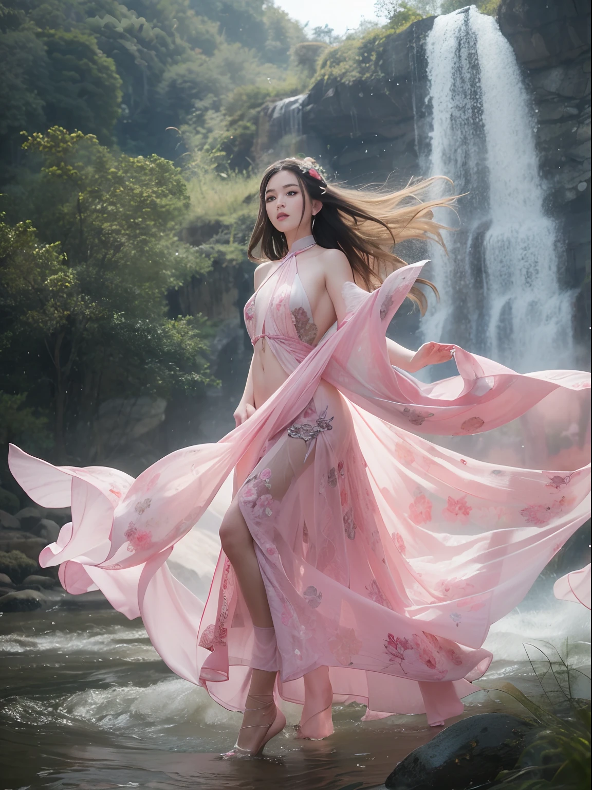 Holding a large see-through stole with pale pink floral pattern with both hands、Swaying in the wind。bright colour、shackle、Halter Neck Bodysuit Draped Dress、garterbelts、Upper eye、light-colored skin and loose navel skin,,。Skirt flutters in the wind and spreads。Dynamic Posing。Dancing Poses。
Loose clothing shows shoulders。Very beautiful girl at 19 years old。
Hair swaying in the wind。 masutepiece、Best Photoreal、portlate、Sheer clothing、wetted skin、Wet hair、Sexy look、Functional、Bewitching、Clothes with an open back、Oblique composition、Waterfall in the forest、Big hair ornament、Medium chest、Navel Ejection、Shiny knee-high socks、Bold open chest clothes、、hair adornments、