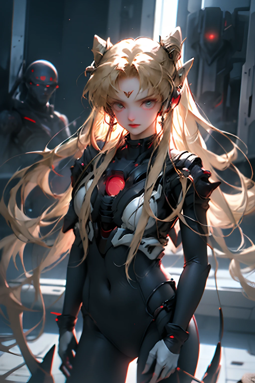 (Overhead view),dynamic angle,ultra-detailed, illustration, close-up, straight on, 1girl, 
 ((souryuu asuka langley, interface headset, red bodysuit:1.4, blonde)),Her eyes shone like dreamy stars,(glowing eyes:1.233),(beautiful and detailed eyes:1.1),(expressionless,closed mouth),(standing), 
(mechanic room with toolsand spaceship windowin a white SPACESHIP),
(night:1.2),dreamy, [[delicate fingers and hands:0.55]::0.85],(detail fingers),