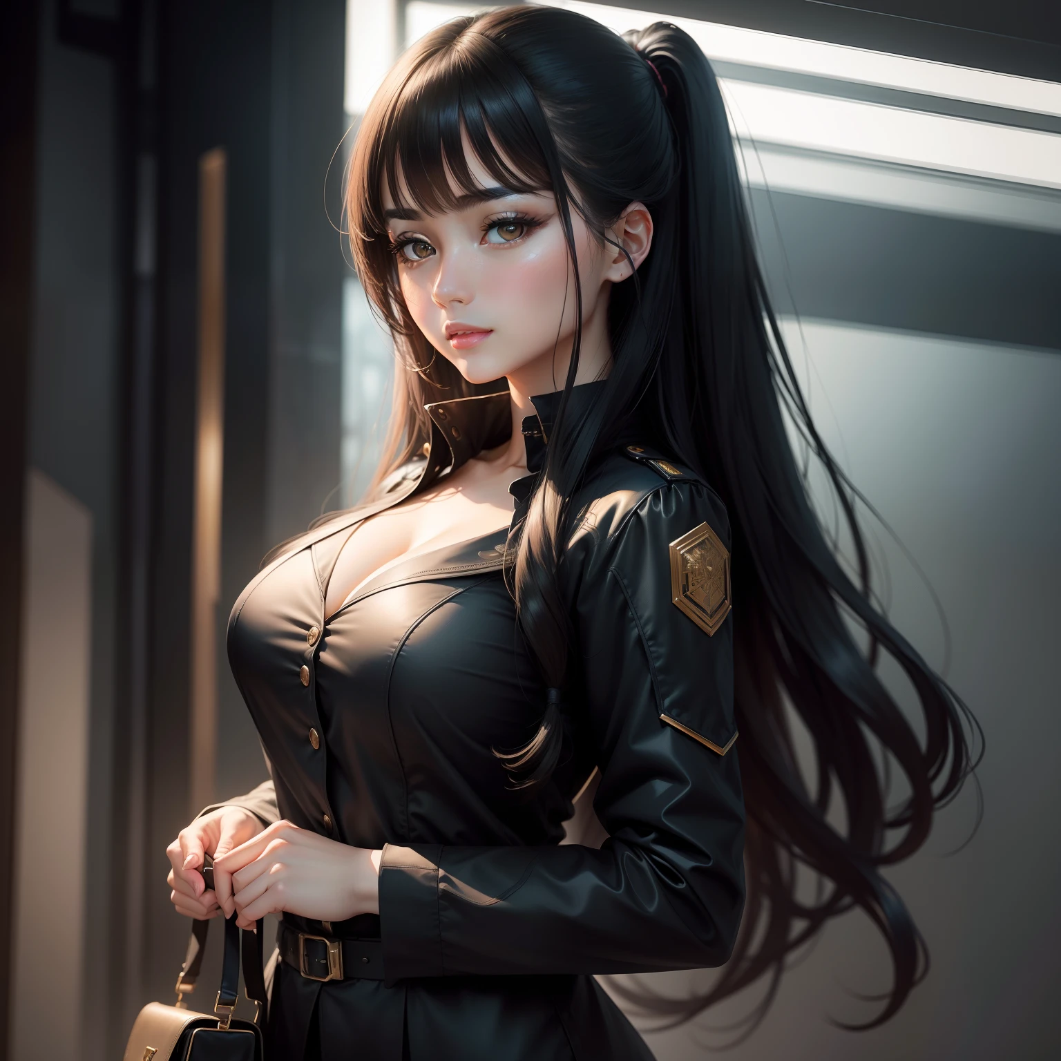 The highest image quality、Exceptional detail、超A high resolution、Realism 1.4、The best illustrations、beautiful countenance、A dark-haired、Beautiful secretary、Good style、Materials in one hand、Overwhelming beauty、Outstanding facial features、eyes large、Chest and big、High tech lighting scene of futuristic city against the background。
