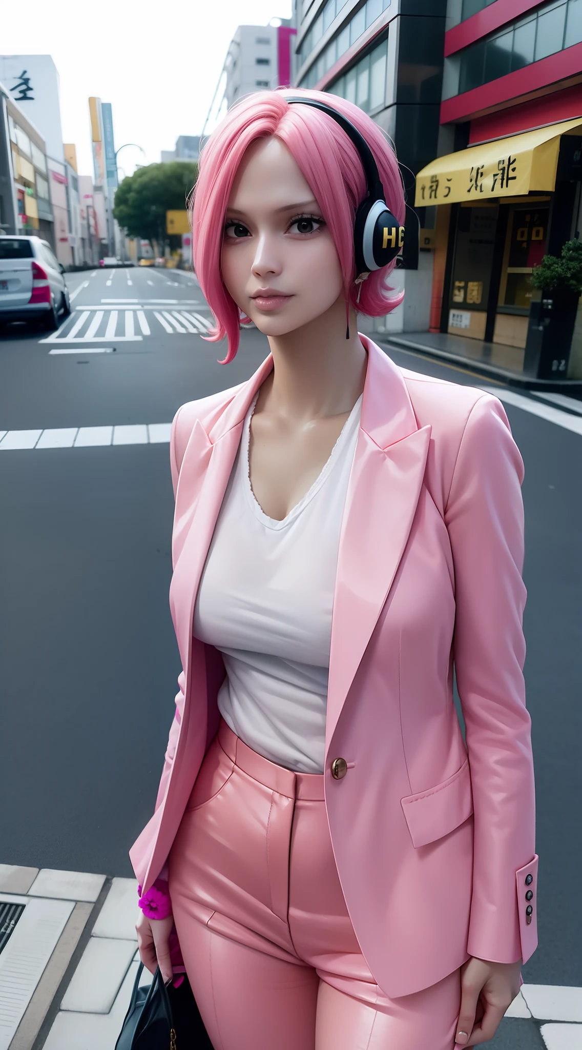 reiju from anime one piece, pink hair, short hair with mascara, slight smile, perfect body, standing, looking at viewer, medium boobs, wearing formal clothes, yellow formal shirt, pink blazer, yellow pants, being in a public place, being in the city of Tokyo, being on the side of the road, wearing a watch, wearing earrings, using headphones