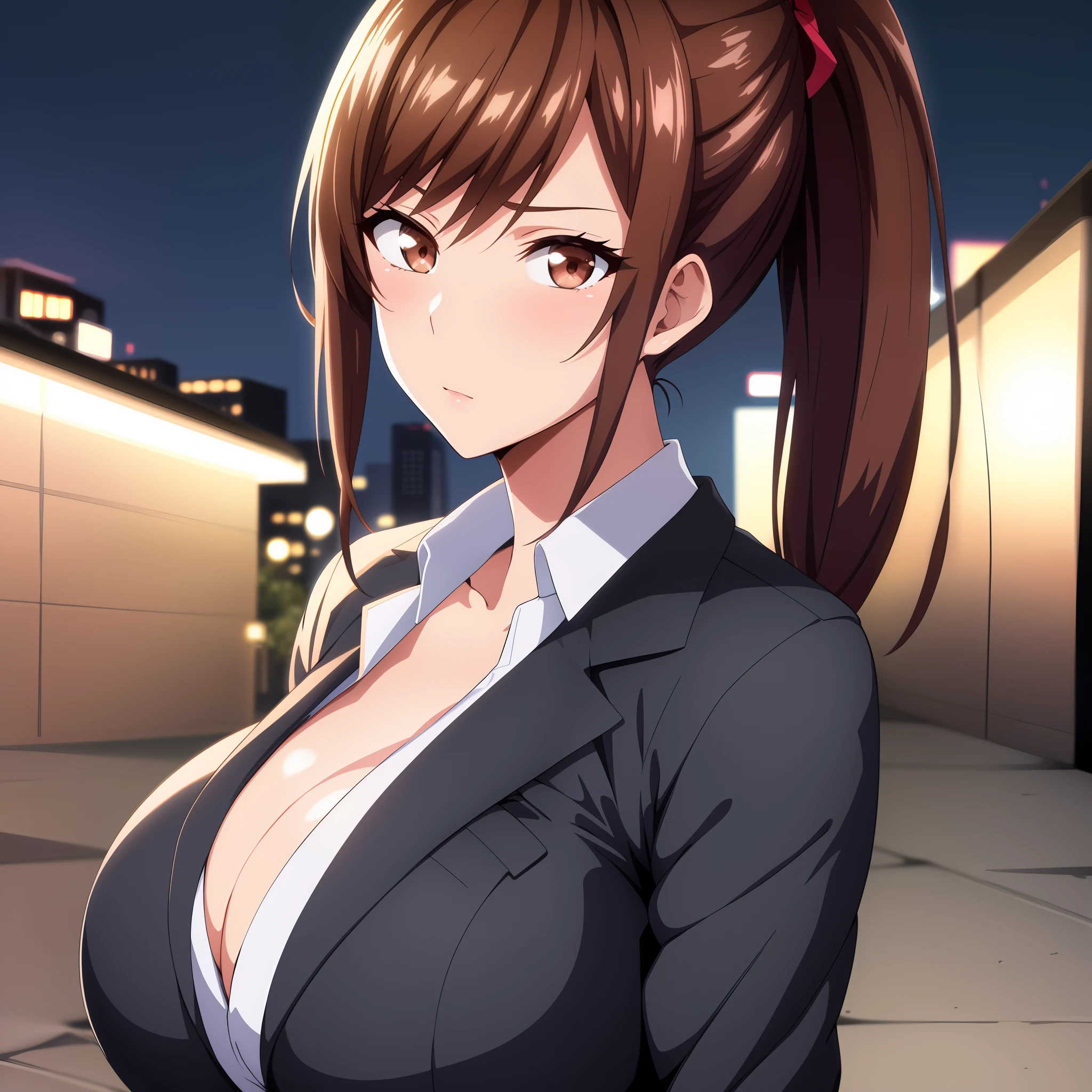 Chica de anime con cola de caballo en traje y corbata posando para una foto, seductora chica de anime, OPPAI, Atractiva chica de anime, Anime CG arte suave, Anime Moe Artstyle, Marin Kitagawa Fanart, Personaje femenino de anime, Makoto Shinka, pechos grandes!, Hermosa y seductora mujer de anime, Mejor chica del anime, En traje estricto, biomechanical oppai