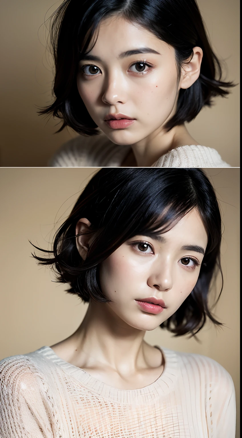 (masterpiece:1.3), (8k, photorealistic, RAW photo, best quality: 1.4), (1girl), beautiful face, (realistic face), (black hair, short hair:1.3), beautiful hairstyle, realistic eyes, beautiful detailed eyes, (realistic skin), beautiful skin, (sweater), absurdres, attractive, ultra high res, ultra realistic, highly detailed, golden ratio,japanese,