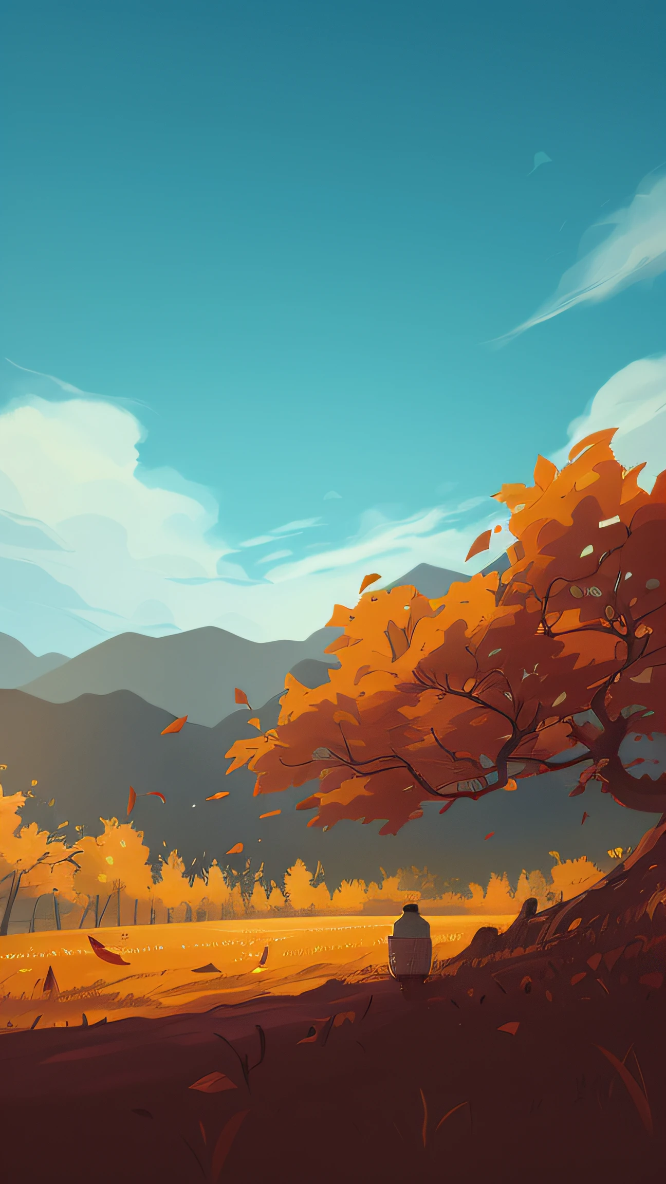 There is a painting,The painting is of a tree in a field with a sky background, arte de fundo, 4 k hd illustrative wallpaper, atey ghailan 8 k, landscape artwork, background artwork, autumn mountains, Anime art wallpaper 8 K, low details. Digital painting, 4 k hd wallpaper illustration, Concept art wallpaper 4K, 4k digital painting, 4 k digital painting