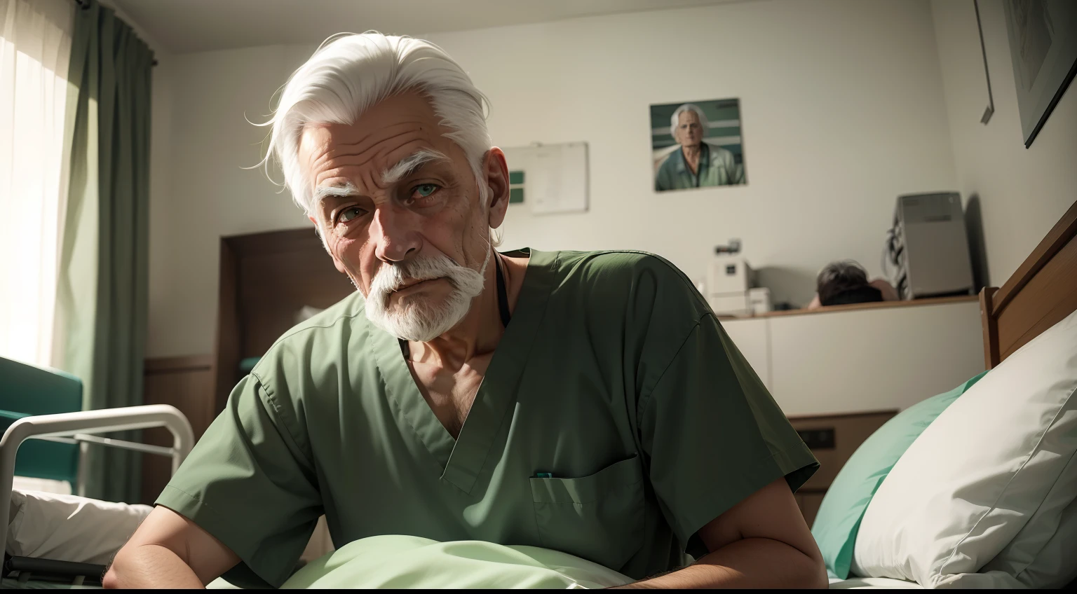 A old man, with white hair, laying on a hospital bed. A boy, in green shirt, and black hair, standing near the bed.