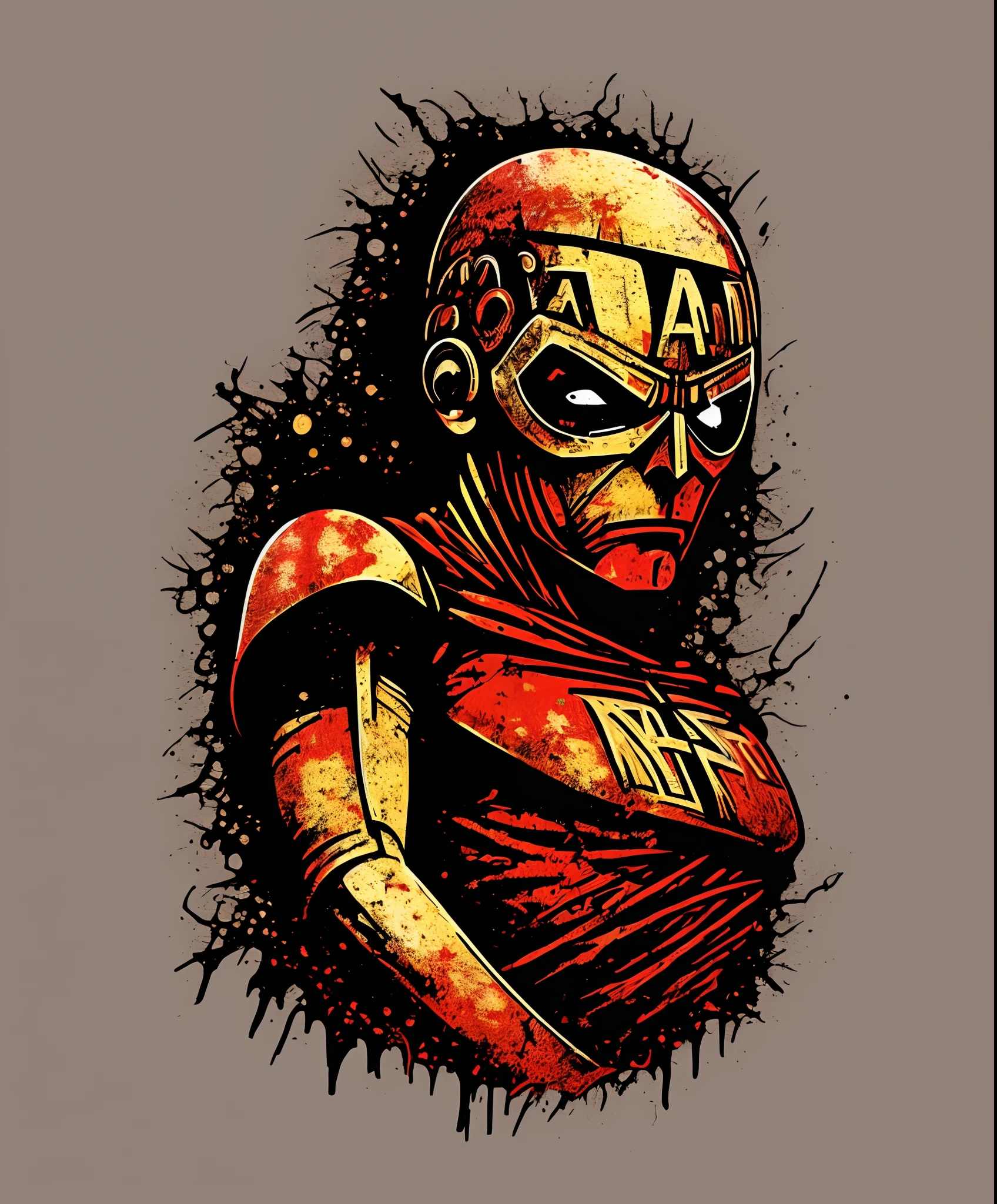 (autoretrato de iron maiden), T-shirt logo in conical fine contour style, spelling view, arte em (fundo vazio:1.4)Hands,