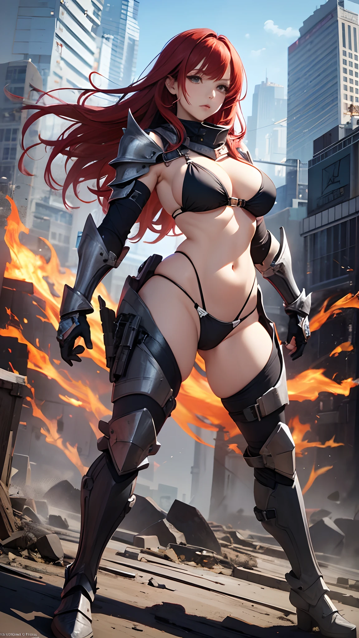 woman, red hair, tactical bikini armor, fit body, voluminous breasts, beautiful, slender, full body, sensual pose, --auto --s2