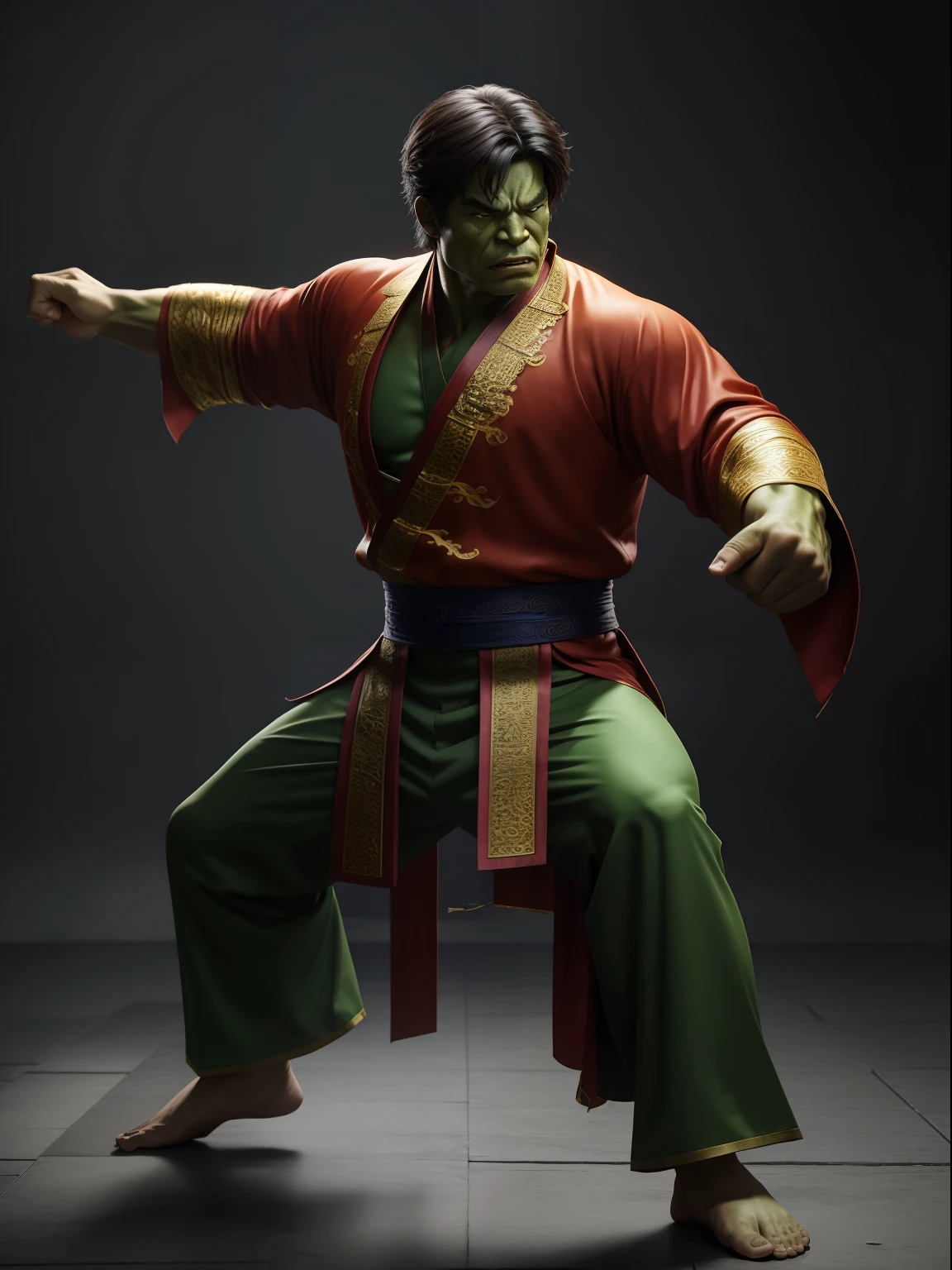 A Hulk as Chinese kungfu master wearing a typical Chinese kungfu master's clothes, cinematic, extreem realistic, extreem detailed, extreem Sharp, full body shot