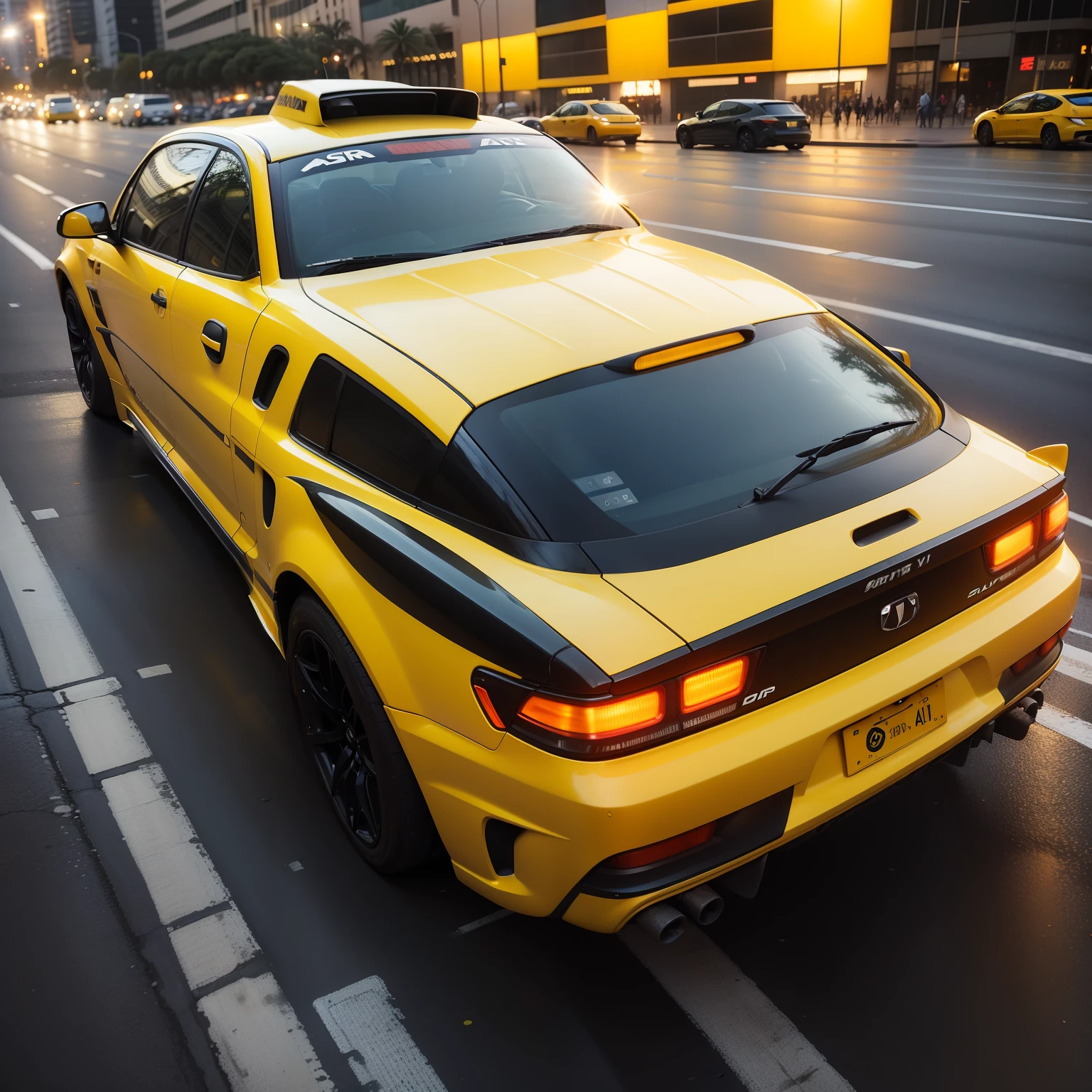 Yellow car with gray airfoil on a star night on Paulista Avenue