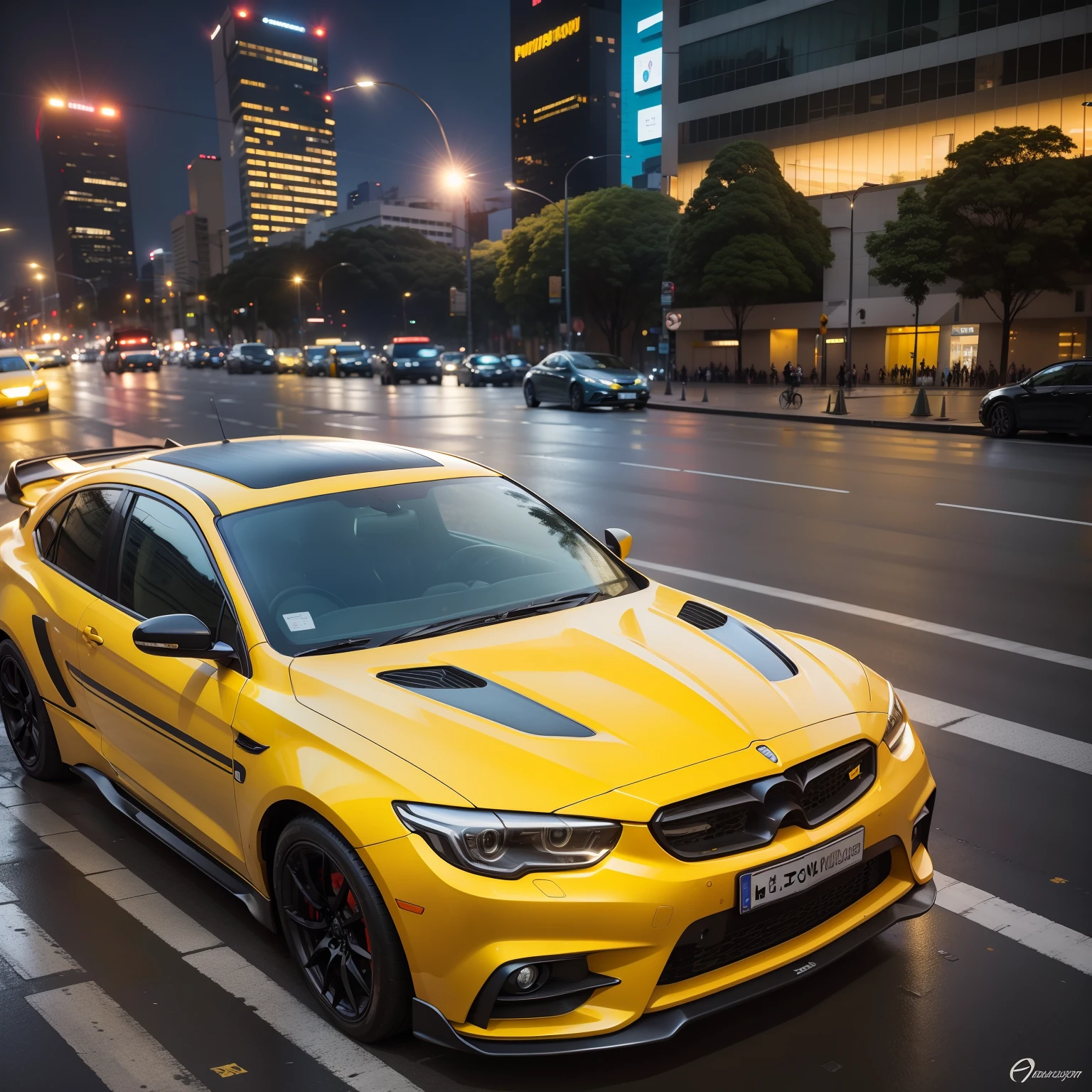 Yellow car with gray airfoil on a star night on Paulista Avenue