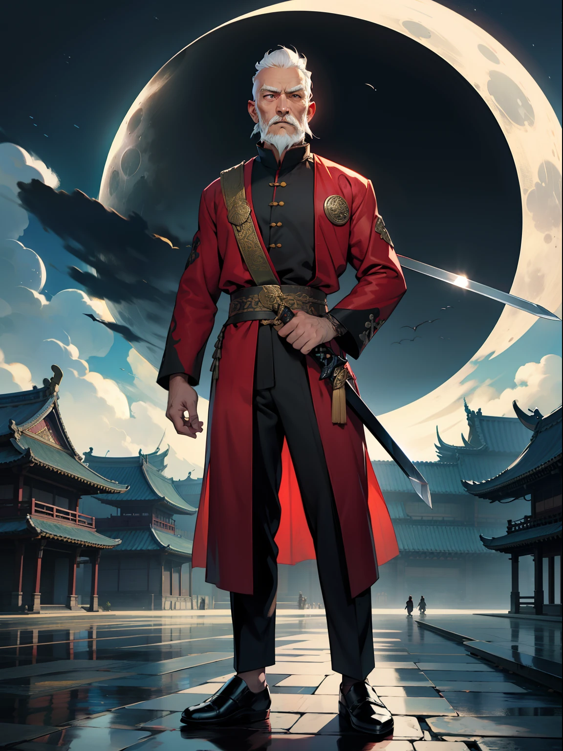Old man,sbeard,Tang suit,Palace Museum,Long sword,standing on your feet,The eyes are sharp,Black Moon,Full moon