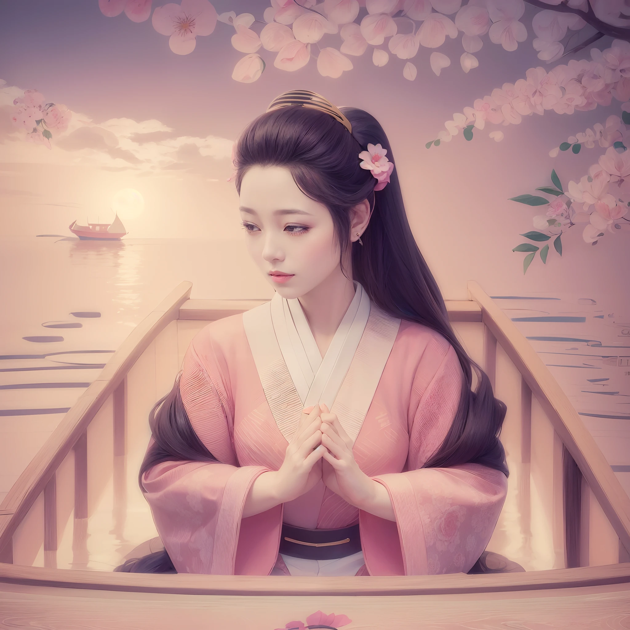 There is a woman on a boat with a pink flower in her hair, a beautiful artwork illustration, Beautiful digital illustration, japanese art style, serene illustration, bela arte digital, exquisite digital illustration, Digital anime illustration, bela arte digital, beautiful illustration, stylized digital illustration, Princess of the Ancient Asian Dynasty, linda arte digital linda, inspired by Itō Shinsui.
