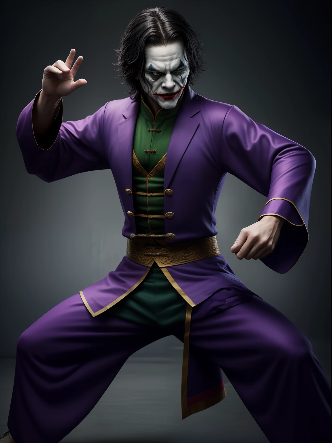 A Chinese kungfu master as joker wearing a typical Chinese kungfu master's clothes, cinematic, extreem realistic, extreem detailed, extreem Sharp, full body shot