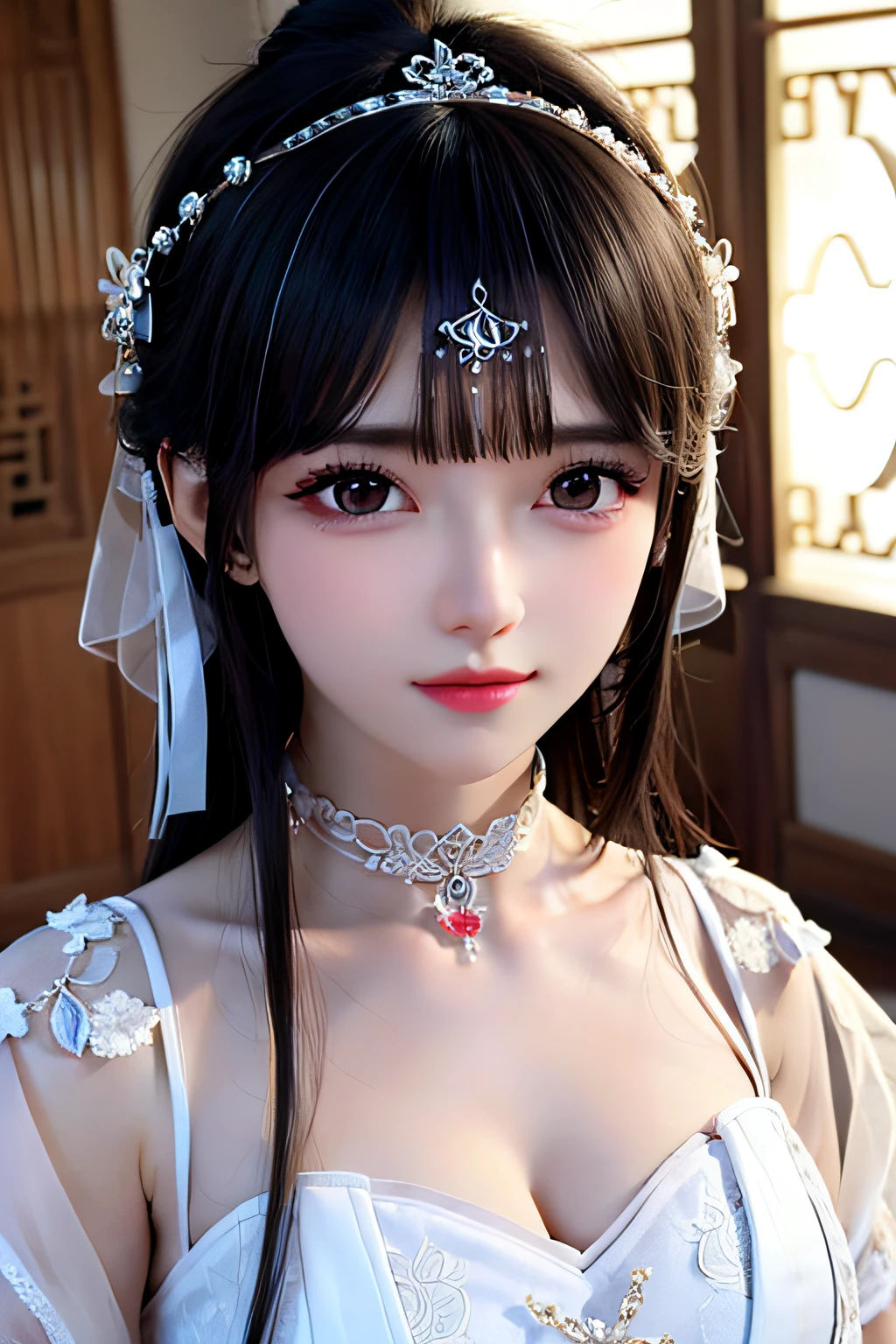 hair adornments，choker necklace，jewely，Chinese wedding dress，beauitful face，8k