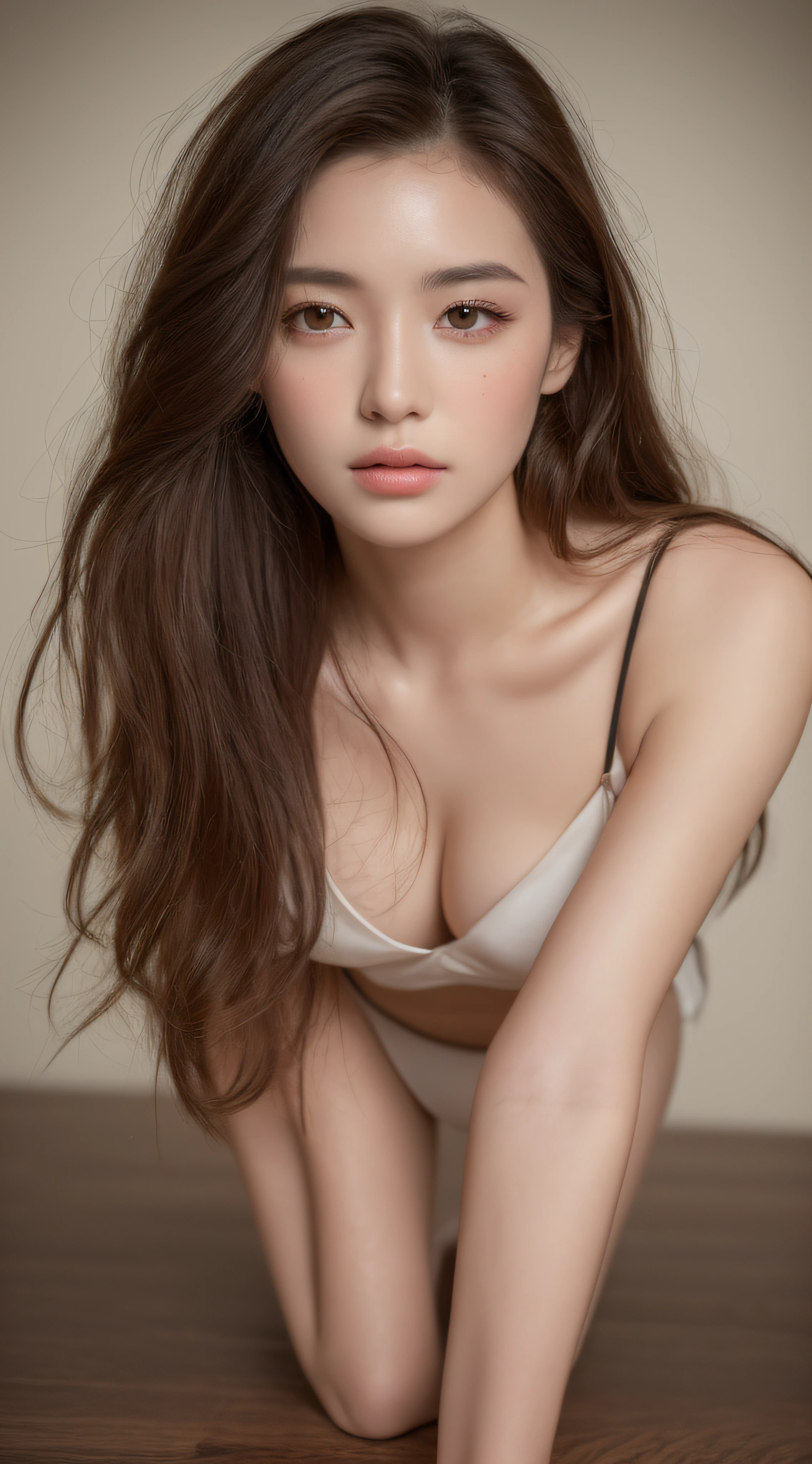 ((top quality, 8k, masterpiece: 1.3)), beauty, 1 girl, beautiful: 1.3, slender abs: 1.1, dark brown hair, (kneeling on the floor, legs open: 1.2), ultra detailed face, highly detailed lips, detailed eyes, double eyelids