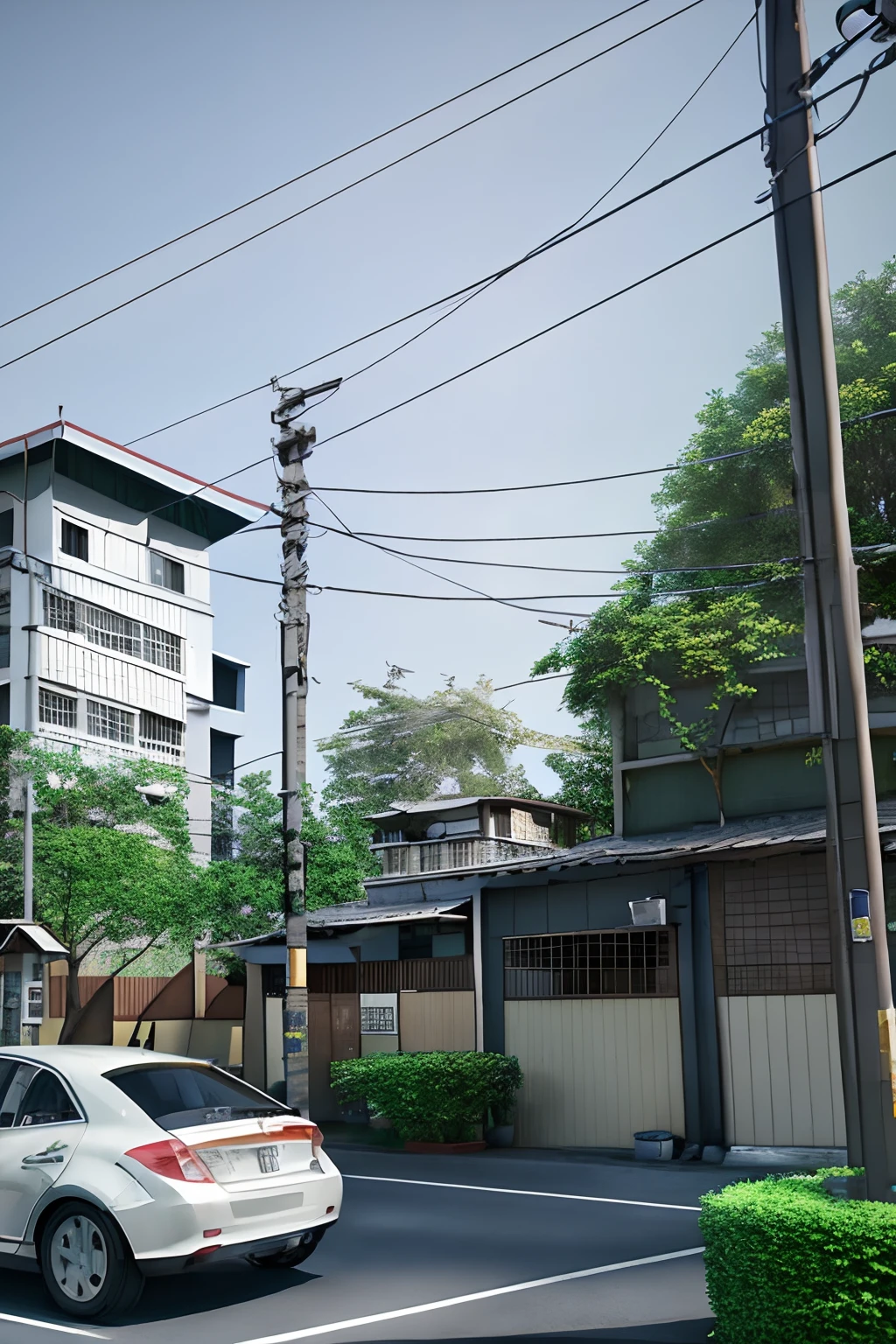 sunny day, city, japan architecture building, pole, (car), trees on pots, (hdr:1.25), (intricate details:1.14), (hyperrealistic 3d render:1.16), (filmic:0.55), 8K,