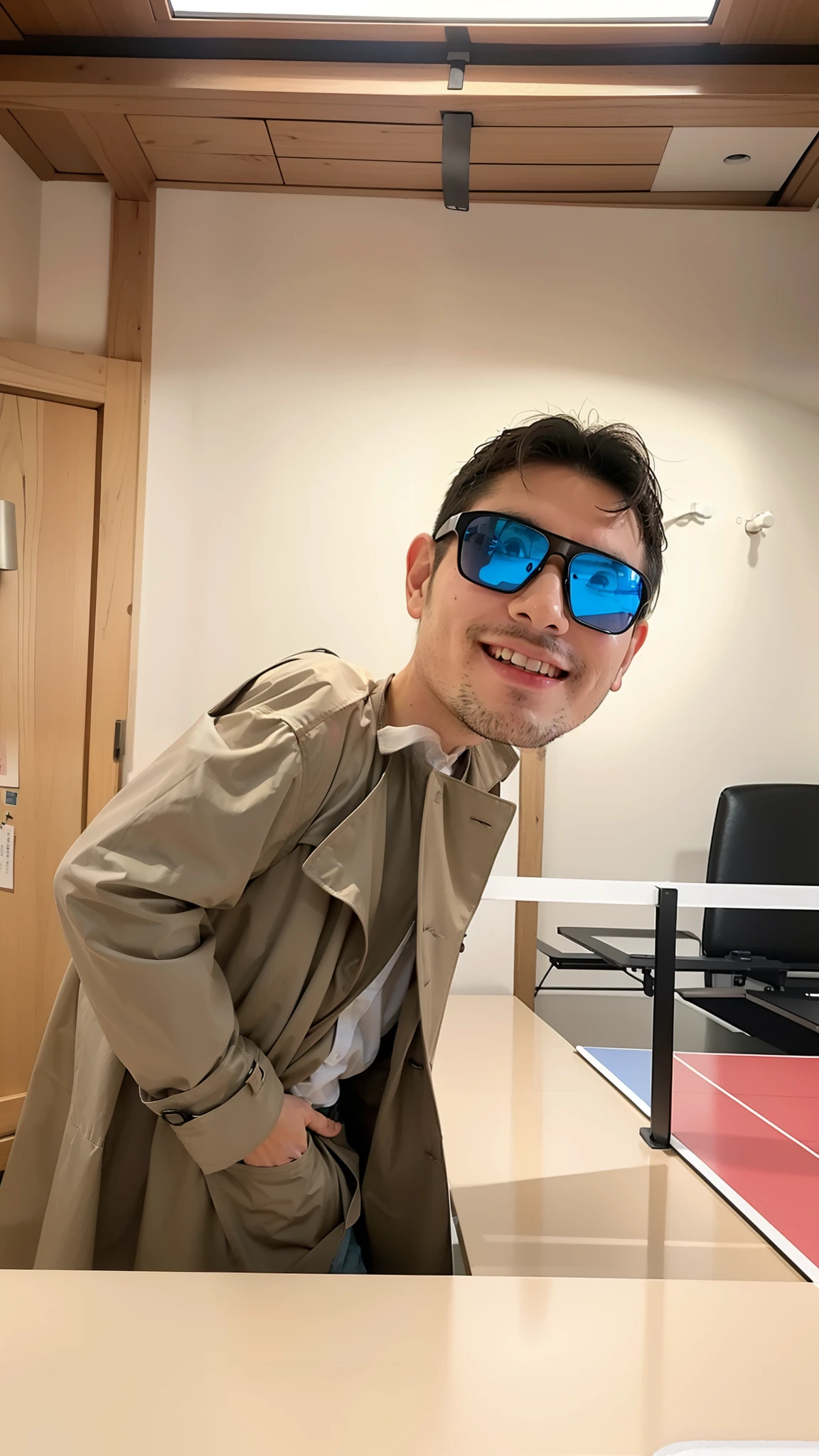 Un hombre misterioso posa junto a una mesa de ping pong, wearing a trench coat only without clothes underneath. A hyper-realistic style