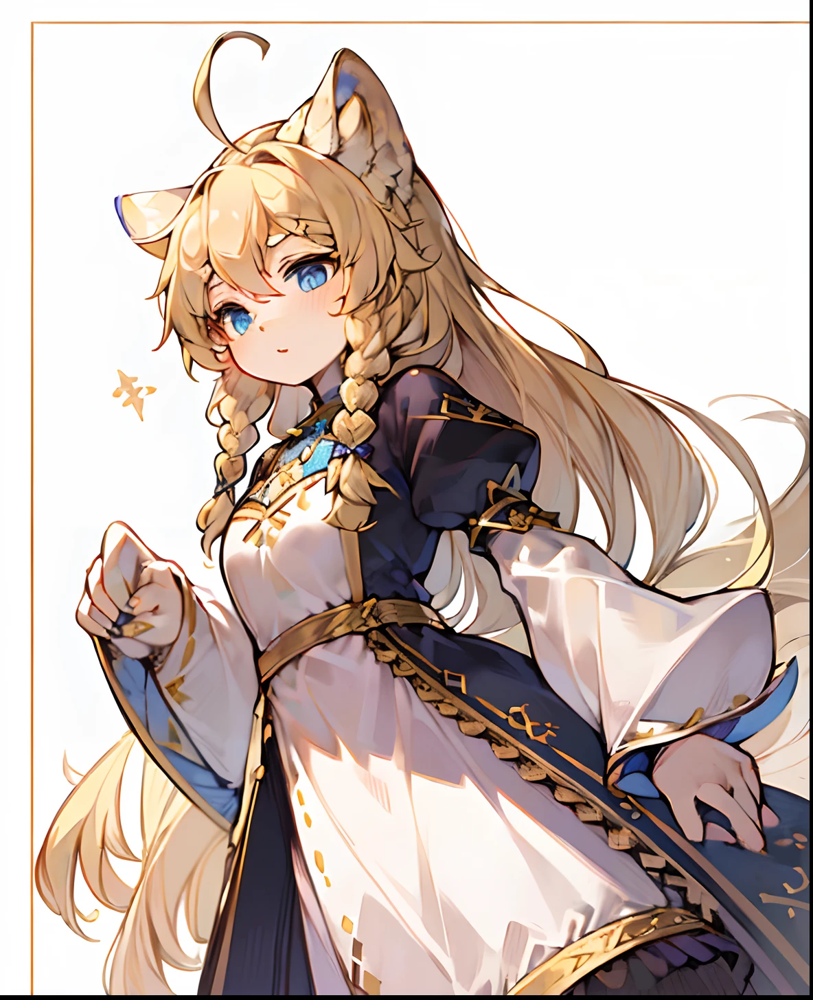 (tarot border:1.2),(masterpiece),(best quality),(ultra-detailed),(illustration),(white background:1.0),1girl,(blonde hair:1.1),long wavy hair, (blue eyes:1.1),(ahoge:1.2),side braid,solo,puffy sleeves,dress