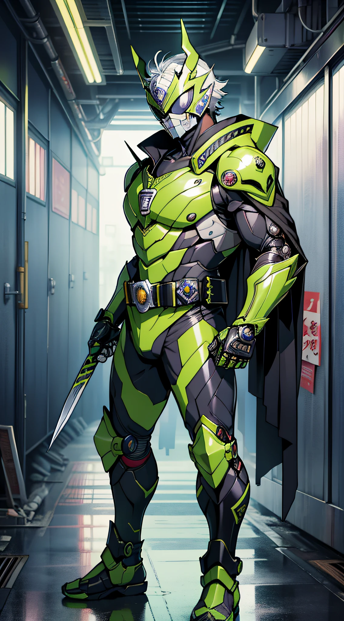 Kamen Rider、Superhero、mechanical suit、Body Armor、Mechanical Armor、Metallic texture、One Man、helmets、muffler、big eye、Heisei Kamen Rider、Body Armor、mechanical suit、cyberpunked、Near future、Vivid Color、full body Esbian、8K、Crisp Contours、tokusatsu、Transformation Belt、A bottle of liquid is stuck in the conversion belt like a cartridge、Kamen Rider with perfume motif、Electromechanical、male people、8 Head Body、Visible from head to toe、The scent of perfume wafts in the air、Japan Horn、bright body color、Japanese Katana Sword、Knives、Take action、Acrobatic stance、Kamen Rider Eau de Parfum、Fashionable、ciber、Near future、Theme color is green、wicked、Dark Hero、Dark Rider、disaster々Atmosphere、Vivid Purple、golden colored、Body armor with a lot of decoration、Evil Chief、Reiwa Kamen Rider、Elements of each glowing part、wicked、demon king、Oda Nobunaga、cloaks、gold、A black、Skull motifs、cruel、Final form、With tenko、colourfull、appearance々arm、Luxurious and heavy々Shishi Armor、Gold and Platinum、Grasshopper motif、The Strongest Kamen Rider、Green aura、Mechanical Armor