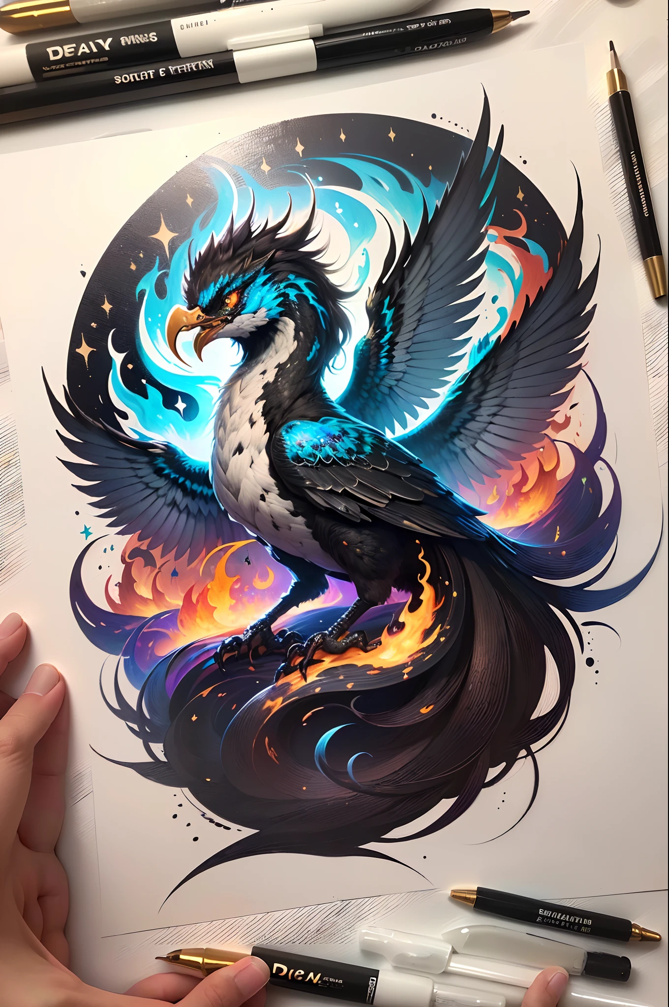 (((obra de arte))), melhor qualidade, tatuagem detalhada em preto e branco, fine strokes, sombras realistas, Unique style, descolada, phoenix tattoo the fire bird, delicada, no estilo aquarela.