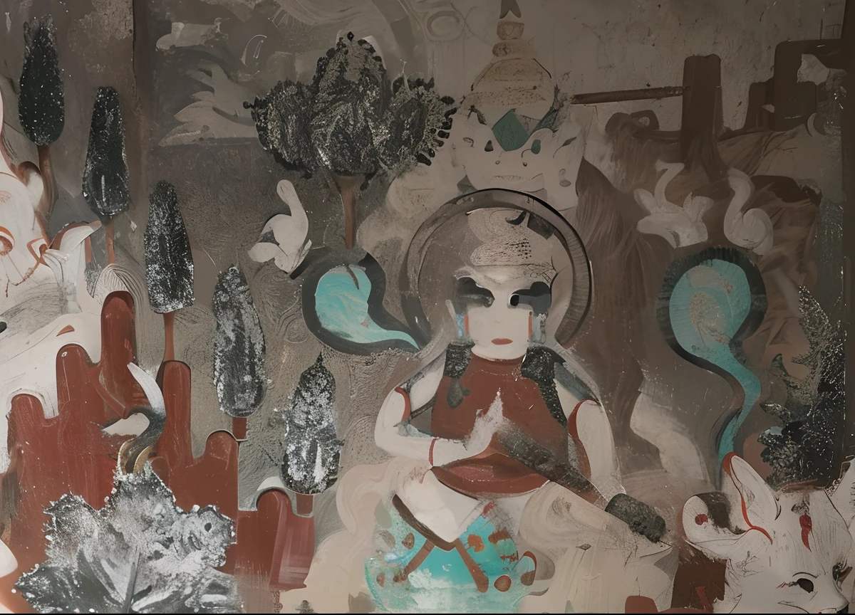 Close-up of a figure painting on the wall, buddhist art, Mogao Grottoes, author：Seto Toyo, Buddhist, author：Maruyama Daikyo, Thangka, author：Central Plains South Tianfang, inspired by Sesshū Tōyō, inspired by Tawaraya Sōtatsu