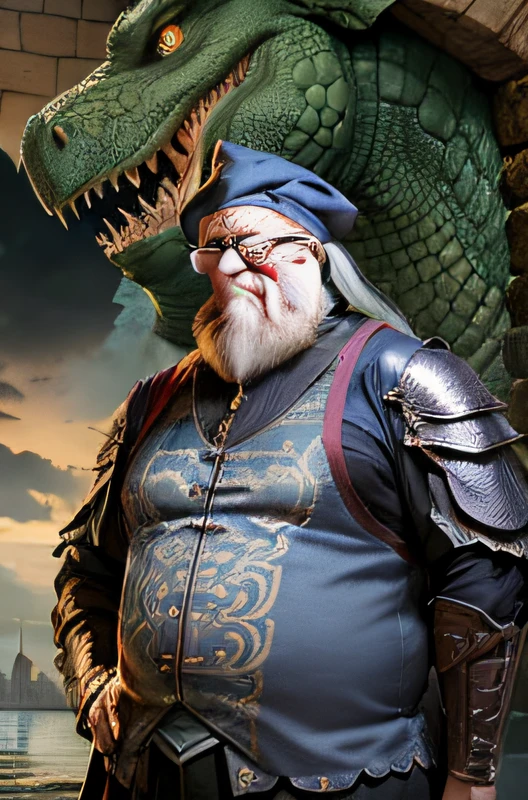dumbledore,a old man,Big chest,wearing an outfit,Wearing crocodile dragon armor,Wearing a crocodile head hat,Muscle men ,Wear half-moon glasses,Realiy,background castle,Blue whale in hand