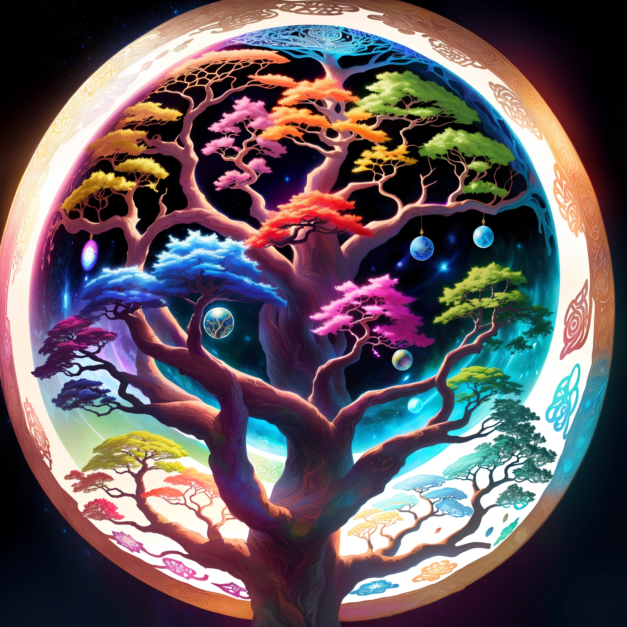 there is a picture of a tree with many different colors, tree of life seed of doubt, world tree, tree of life inside the ball, tree of life, the world tree, cosmic tree of life, the tree of life, yggdrasil, a beautiful artwork illustration, artistic illustration, fantasy tree, magical tree, beautiful detailed illustration, tree of life brains