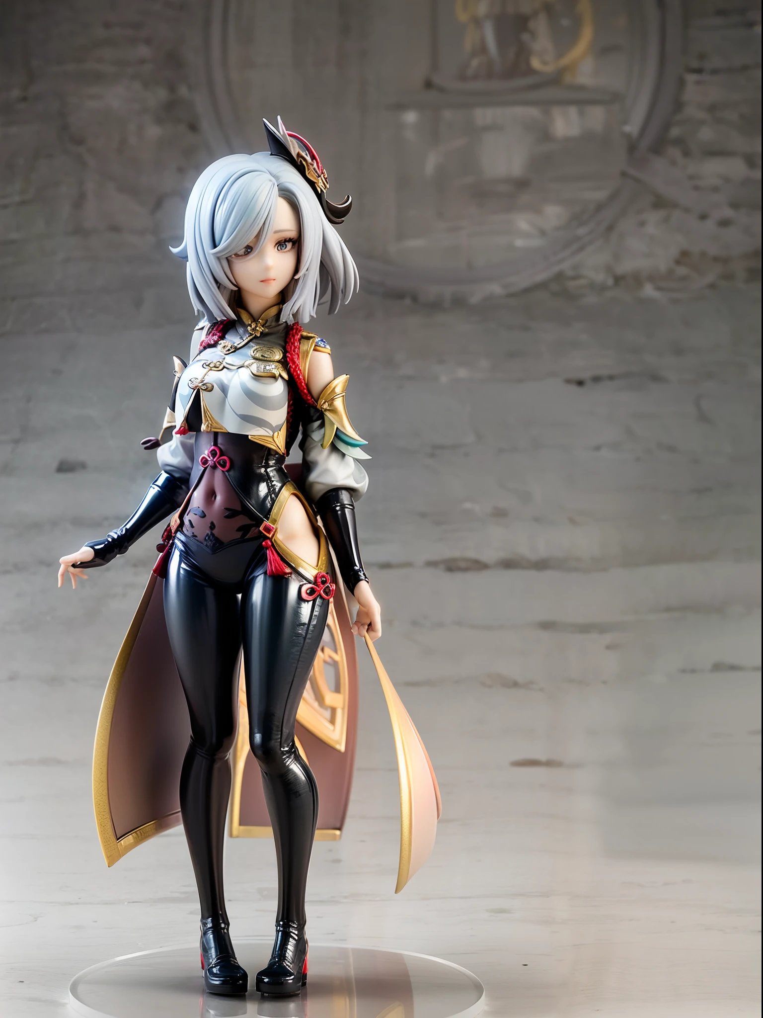 (Blind box toy style:1.3), ((Full body shot:1.4))  (((anatomy correct))),((1girl, solo)),(masterpiece:1.3), ,high quality, (SOLO:1.4), whole body, (((shenhe,genshin impact))),  smile, grey hair,long hair,hair ornament, blue eyes,braided ponytail,puffy sleeves,gold trim,gloves,bodysuit,large breasts,breast curtain, shoulder cutout,covered navel,hip vent,clothing cutout, tassel,grey background, masterpiece, best quality, solo, standing, ((circular base:1.5))(Global illumination, Ray traching, hdr, unreal render,reasonable design, high detal, Masterpiece, Best quality, hyper HD, Cinematic lighting)