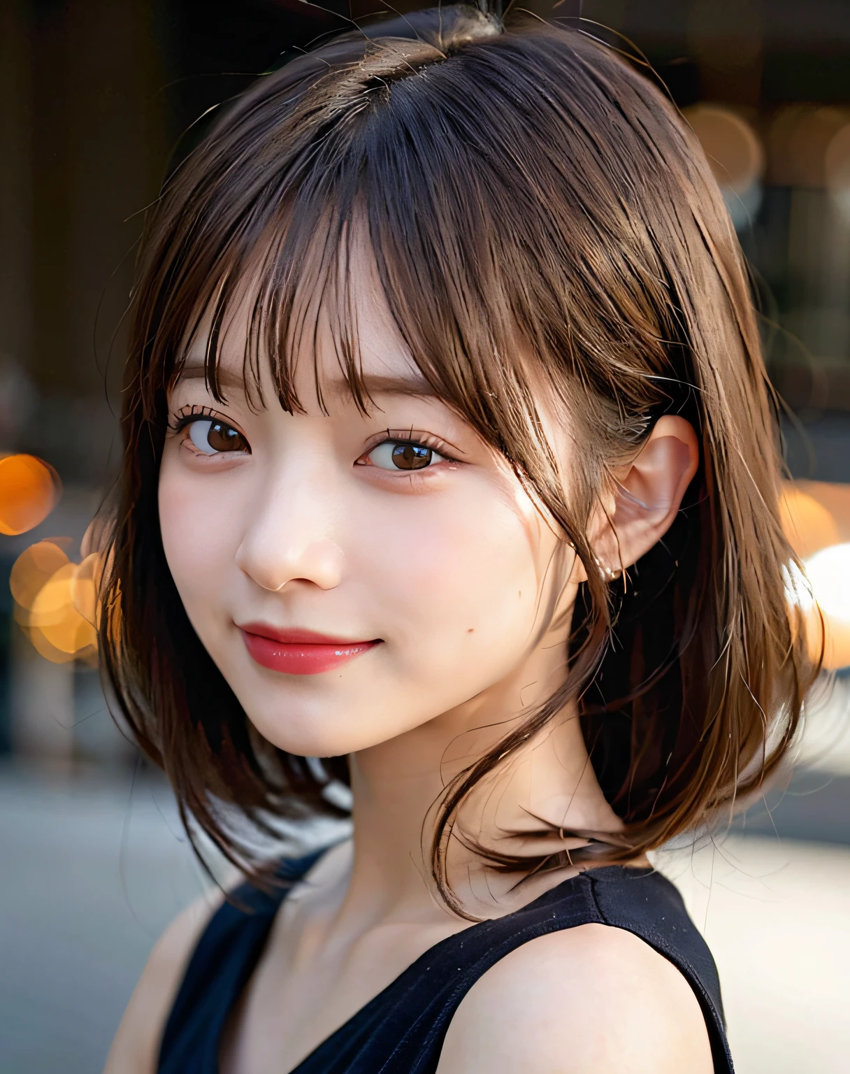 top-quality、Face Focus、softlight、(depth of fields)、超A high resolution、(realistic:1.4)、RAW Photography、(portlate:1.4)、(from side:1.2) 1日本人の女の子、独奏、cute little、(full of shyness、a smile:1.1)、(brown-eyed)、detailed beautiful faces、(short-hair)、masks、Black clothe
