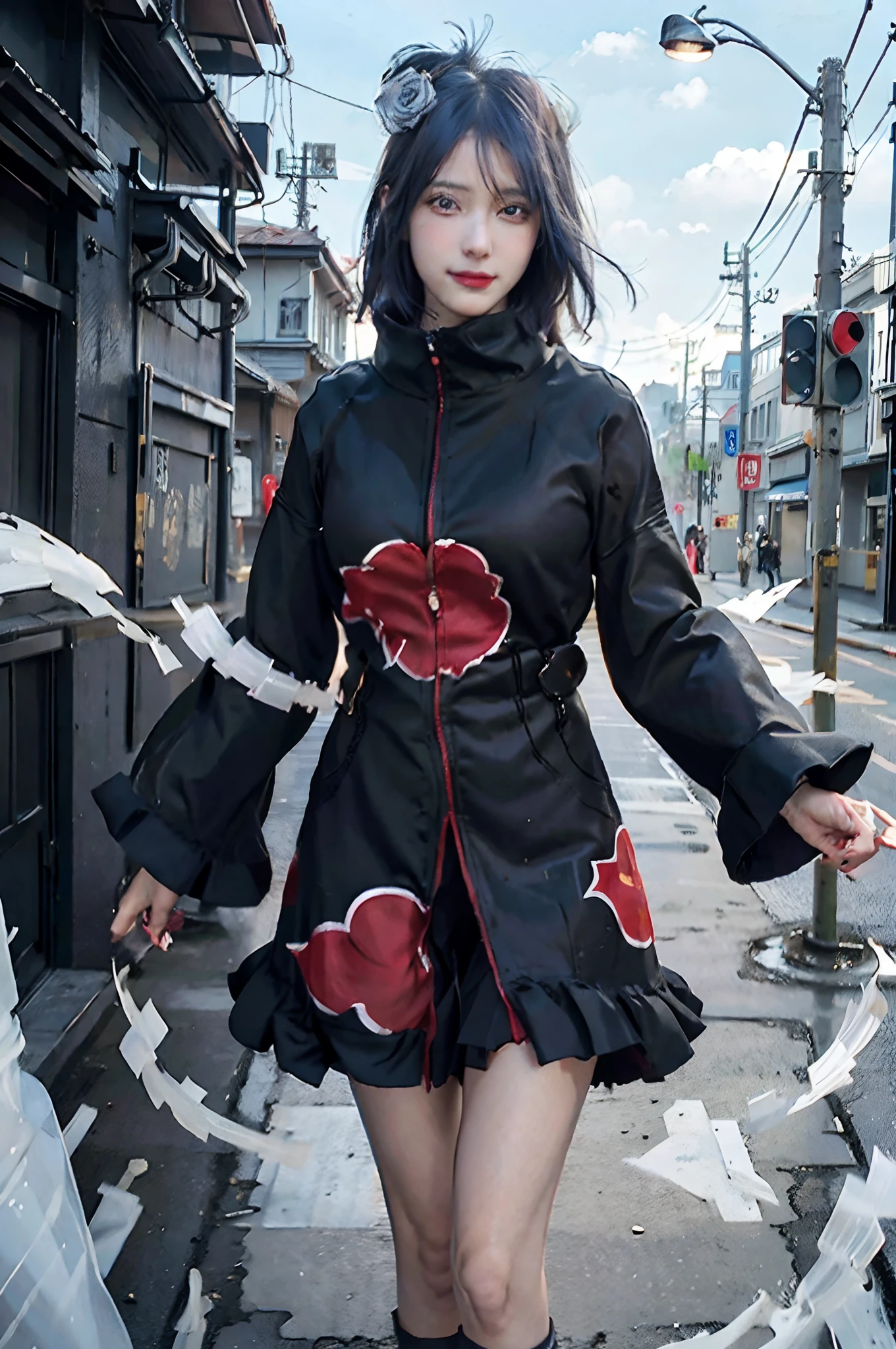 (8k, RAW photo), (best quality), (masterpiece), (realistic,) (photo-realistic),(highres), ultra-detailed, (realism:1.1),beautiful face, (1girl:1.1),woman,(looking at viewer),cowboy shot,japanese, konan \(naruto\), (akatsuki outfit:1.1), labret piercing, blue hair, blue eyes, professional lighting, photon mapping, physically-based rendering, dark theme, smile, big breasts