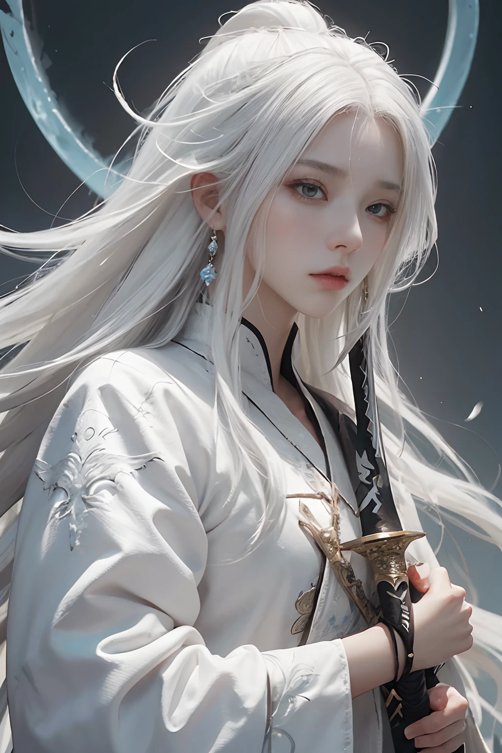 a close up of a person with white hair and a sword, white haired deity, with white long hair, with long white hair, artwork in the style of guweiz, white haired, guweiz, handsome guy in demon slayer art, beautiful character painting, by Yang J, white-haired, guweiz on pixiv artstation, anime character --auto