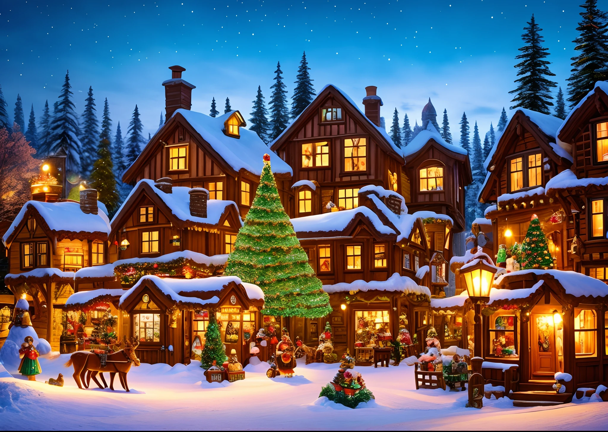 Gingerbread Candy Village, steampunc, A cinematic scene, artistic décor, studio lit, Colorful, inspectorcore, fanciful, fairytale-like, iintricate, ln the forest, Santa Claus in the air with reindeer, snowfield,glowworm, florals, Christmas, Hansel and Gretel, The background is blurred out, Bokeh, 中景 the scene is, Visually stunning, Painted landscapes, concept-art, Trends on ArtStation, Art germ, CGSesociety,Sunset