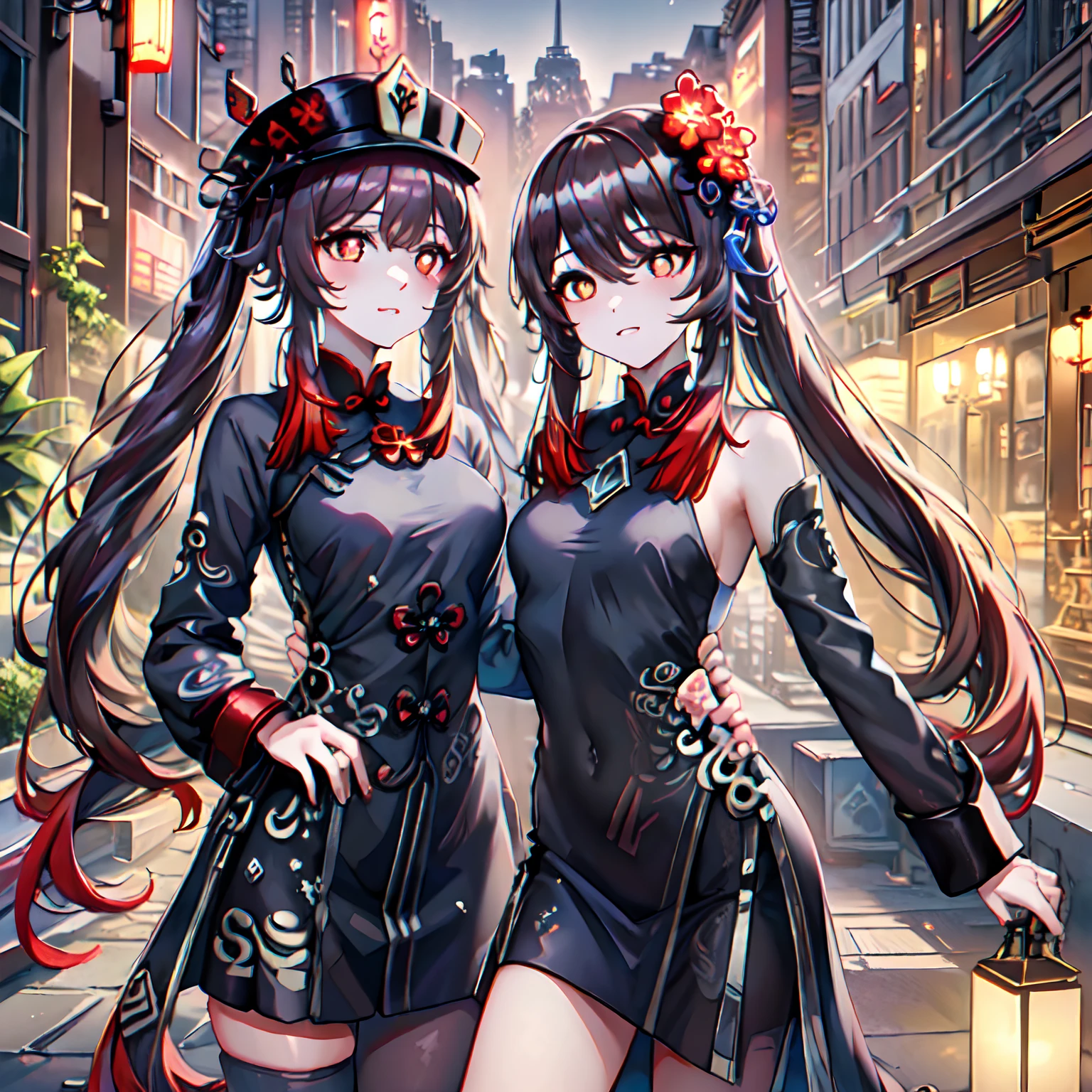 Create beautiful cyberpunk style wallpapers, tmasterpiece, 8K, Neon light, ((hu tao)), Lola Hu Tao, genshin impact, 1girll, 1 crow