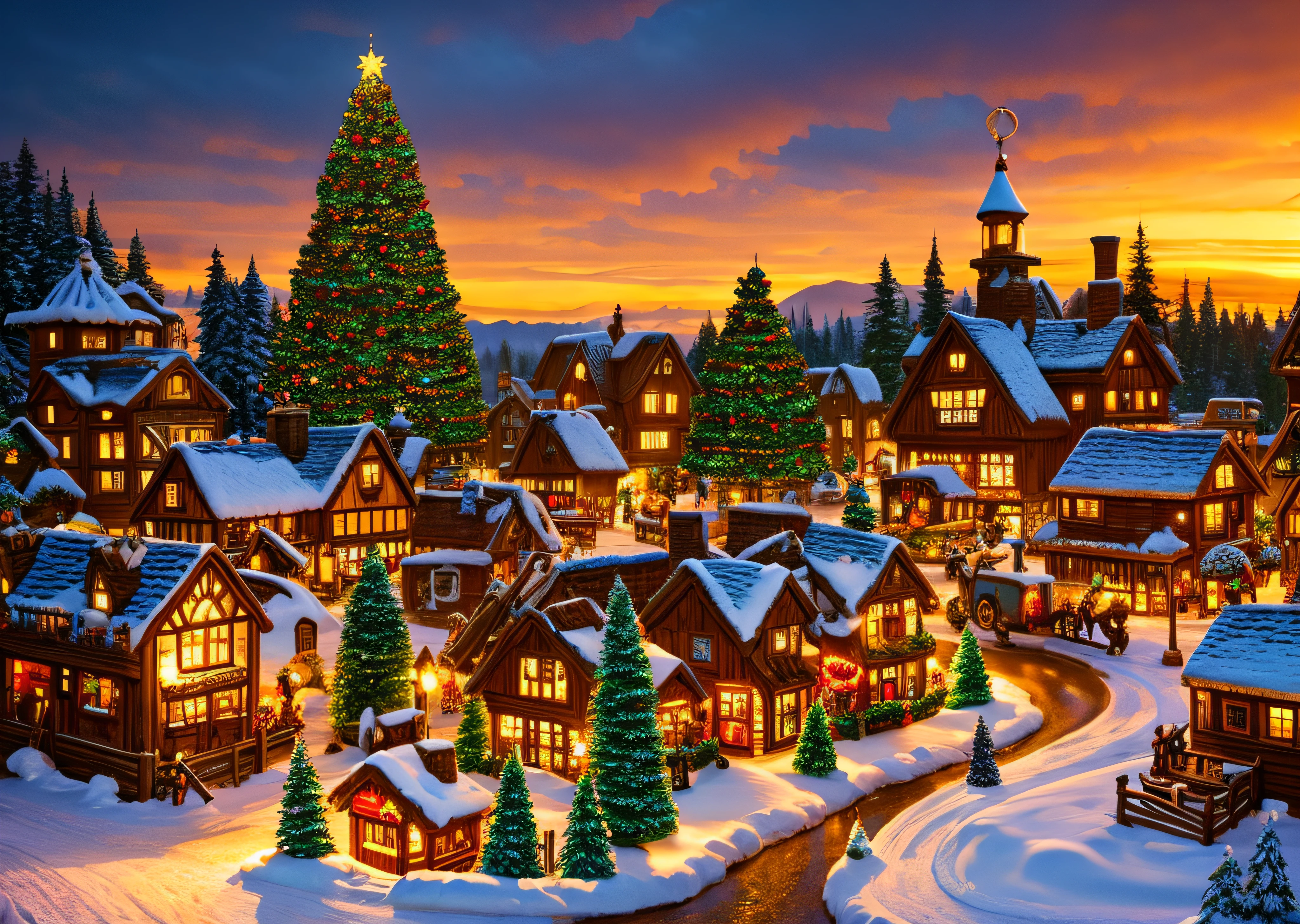 Gingerbread Candy Village, steampunc, A cinematic scene, artistic décor, studio lit, Colorful, inspectorcore, fanciful, fairytale-like, iintricate, ln the forest, Santa Claus in the air with reindeer, snowfield,glowworm, florals, Christmas, Hansel and Gretel, The background is blurred out, Bokeh, 中景 the scene is, Visually stunning, Painted landscapes, concept-art, Trends on ArtStation, Art germ, CGSesociety,Sunset