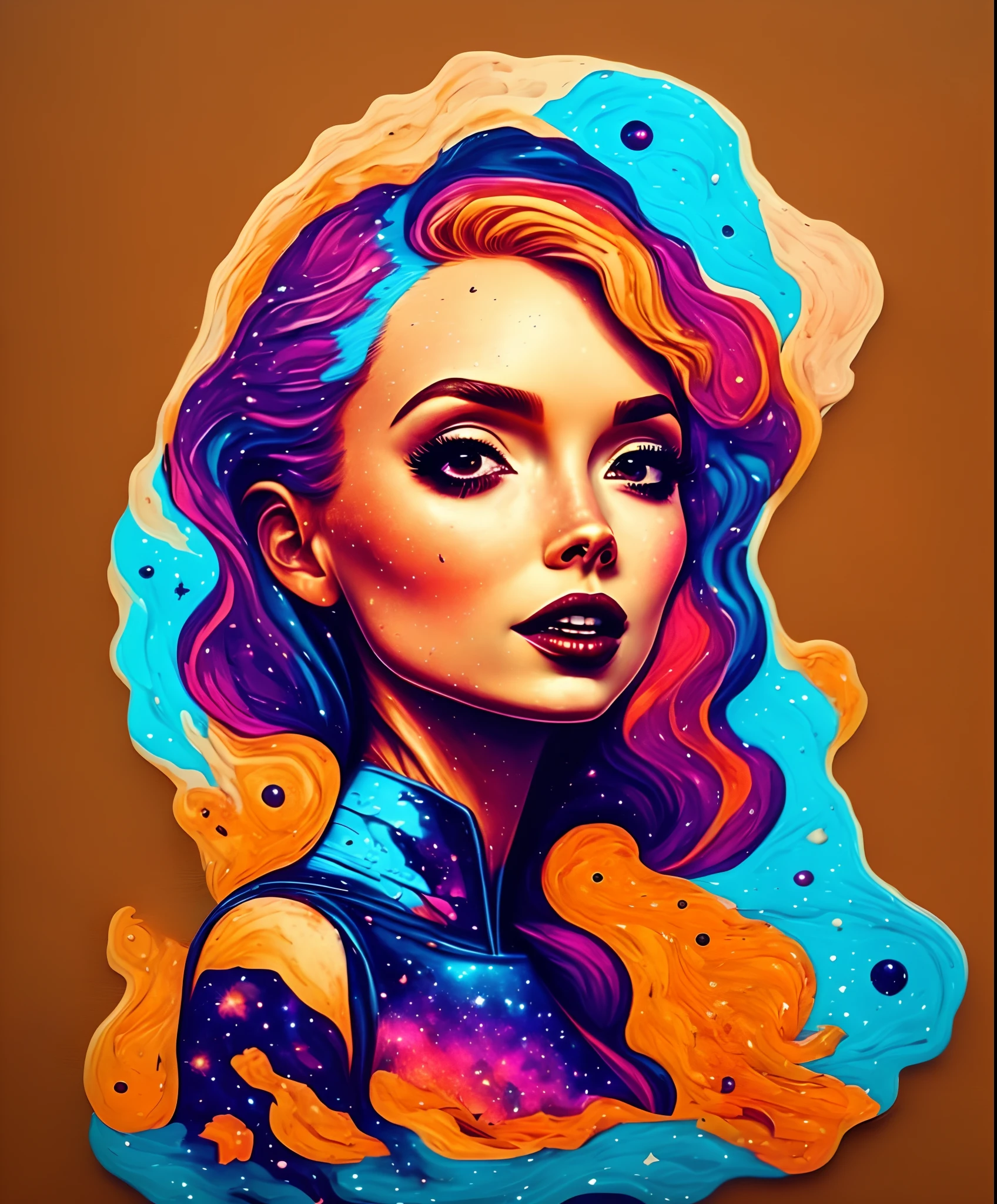 (fotografia em close-up de uma jovem mulher inspirada em "nebula", como Karen Gillan:1,2), T-shirt logo in conical fine contour style, spelling view, arte em (fundo vazio:1.4)Hands,