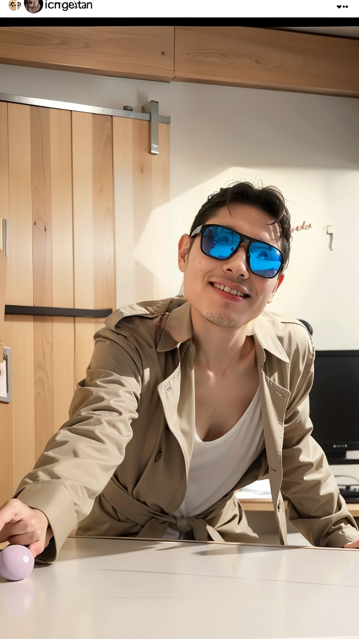 Un hombre misterioso posa junto a una mesa de ping pong, wearing a trench coat only without clothes underneath. A hyper-realistic style