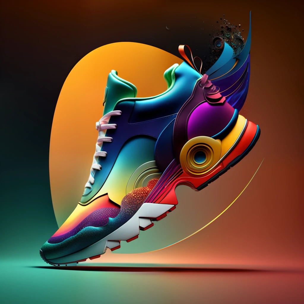 (colorfulsurrealismai:0.9), (shoeai), a sneaker made out of colors, powerful explosion